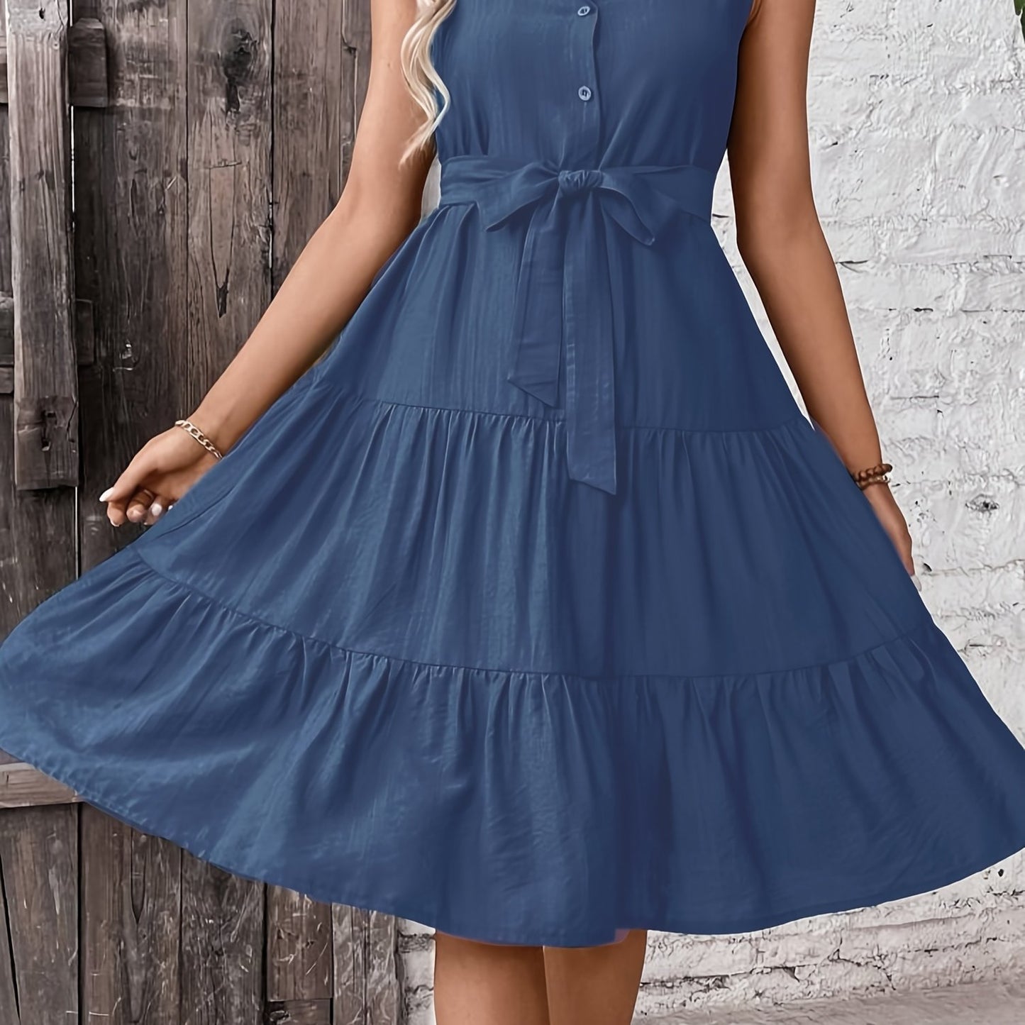 Women'S Elegant Sleeveless Dress with Ruffle Hem and Tie Waist, Polyester 97% Elastane 3%, Solid Color, Lapel Collar, Woven Fabric, 130g\u002Fm², Perfect for Spring\u002FSummer