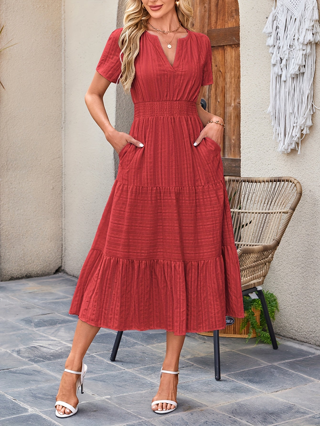 Womens Summer 2025 Casual Maxi Dresses Lightweight Short Sleeve V Neck Elastic Waist Boho Beach Dress Pockets
