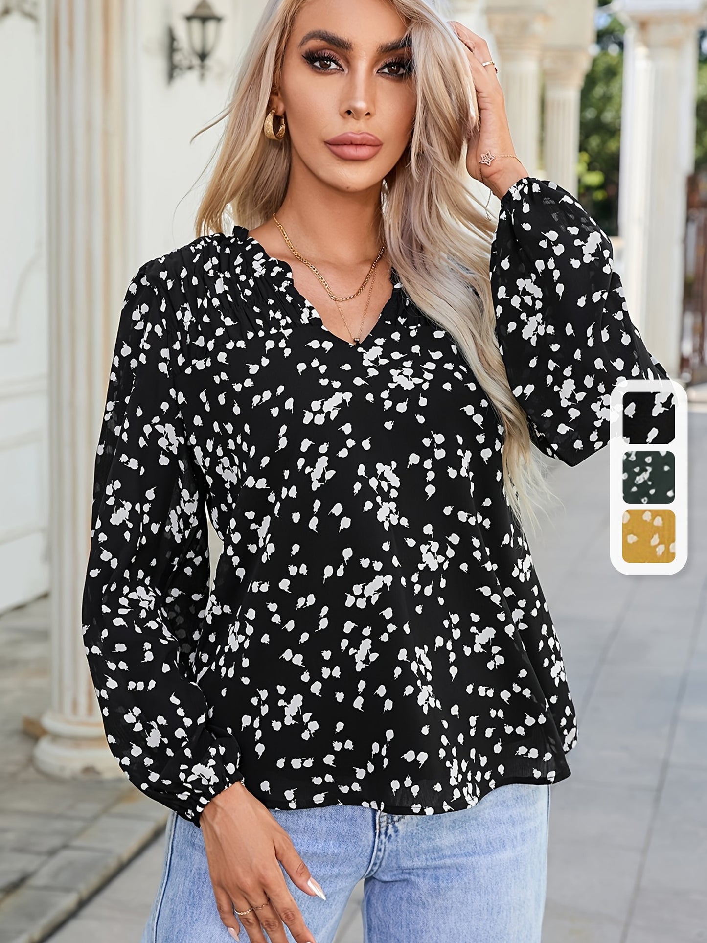 Women's Commuter Top, V-Neck, Long Sleeve Polka Dot Print, Pleated Blouse