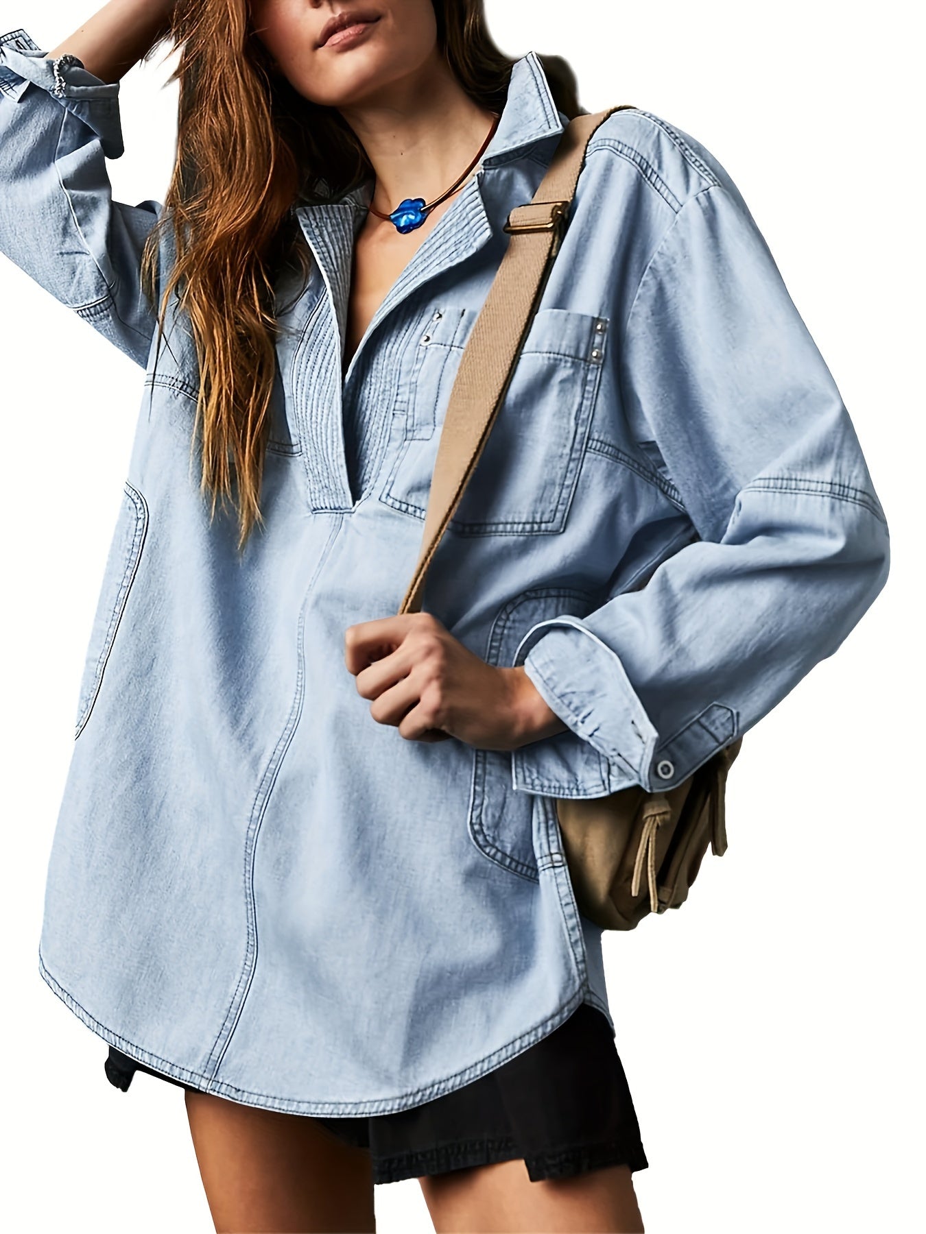 1pc Women'S Casual Cotton Faux Denim Shirt - Solid Color Long Sleeve V-Neck Pullover with Pockets, Loose Fit Jean Jacket Style Blouse for Fall\u002FWinter