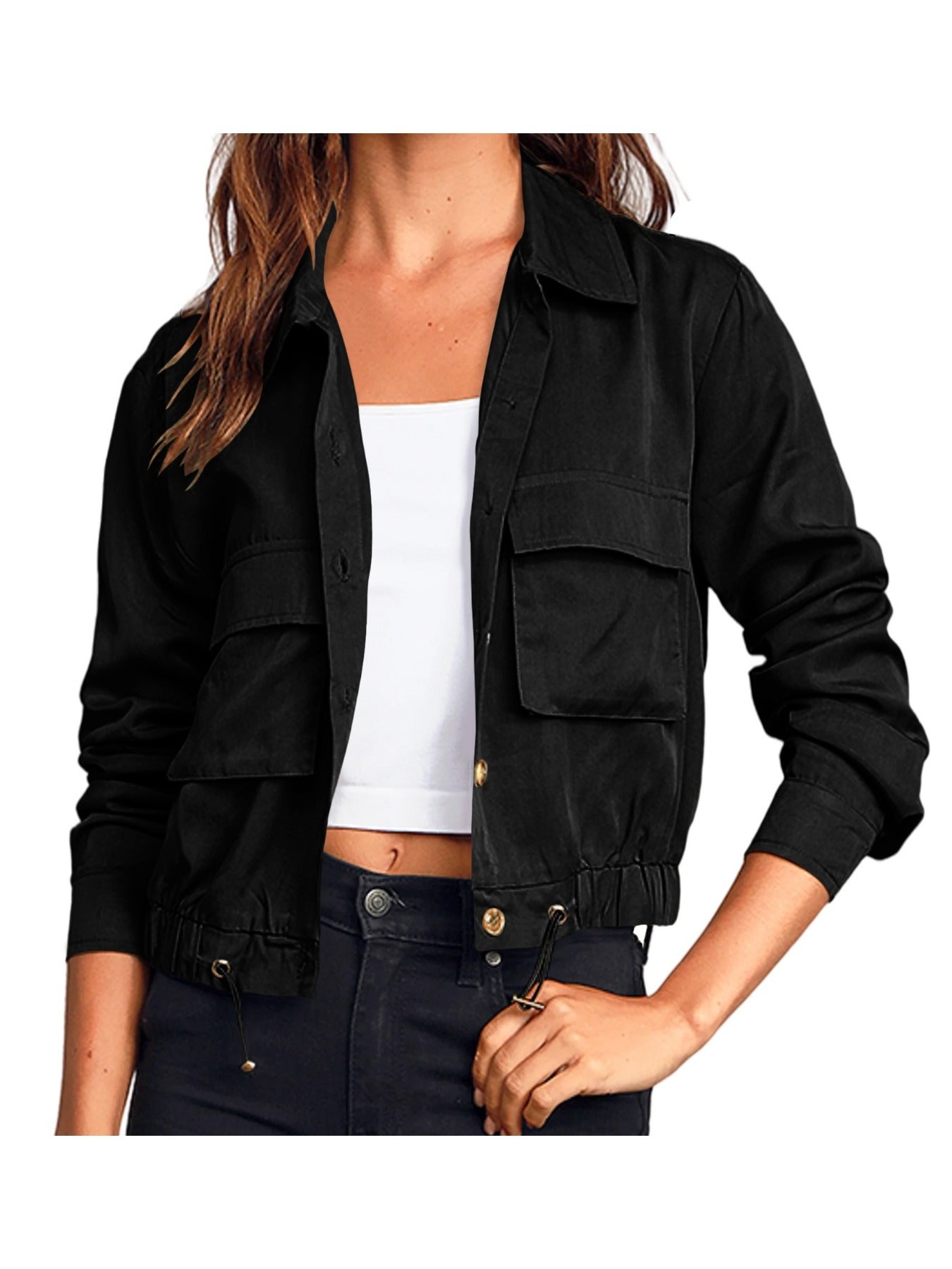 Women'S Military Safari Cropped Jackets Button Lightweight Oversized Utility Anorak Coat with Pockets