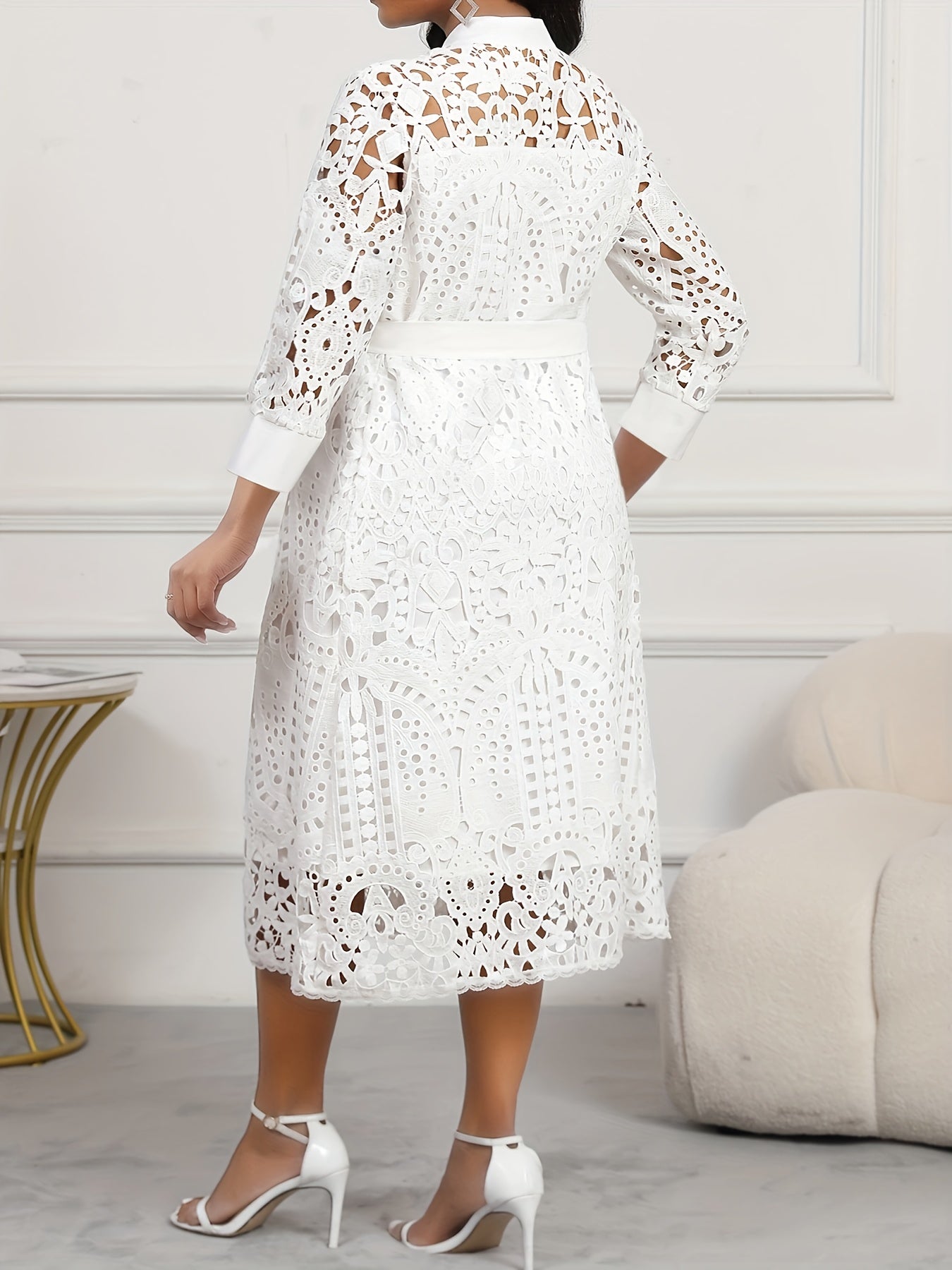 Plus Size, Large-size Fashionable Women's Dress with Whte Open-work Lace Patchwork, V-neckine, Three-quarter Sleeves, Drawstring Waist, Simming Elfect And Elegant Style DMBT010