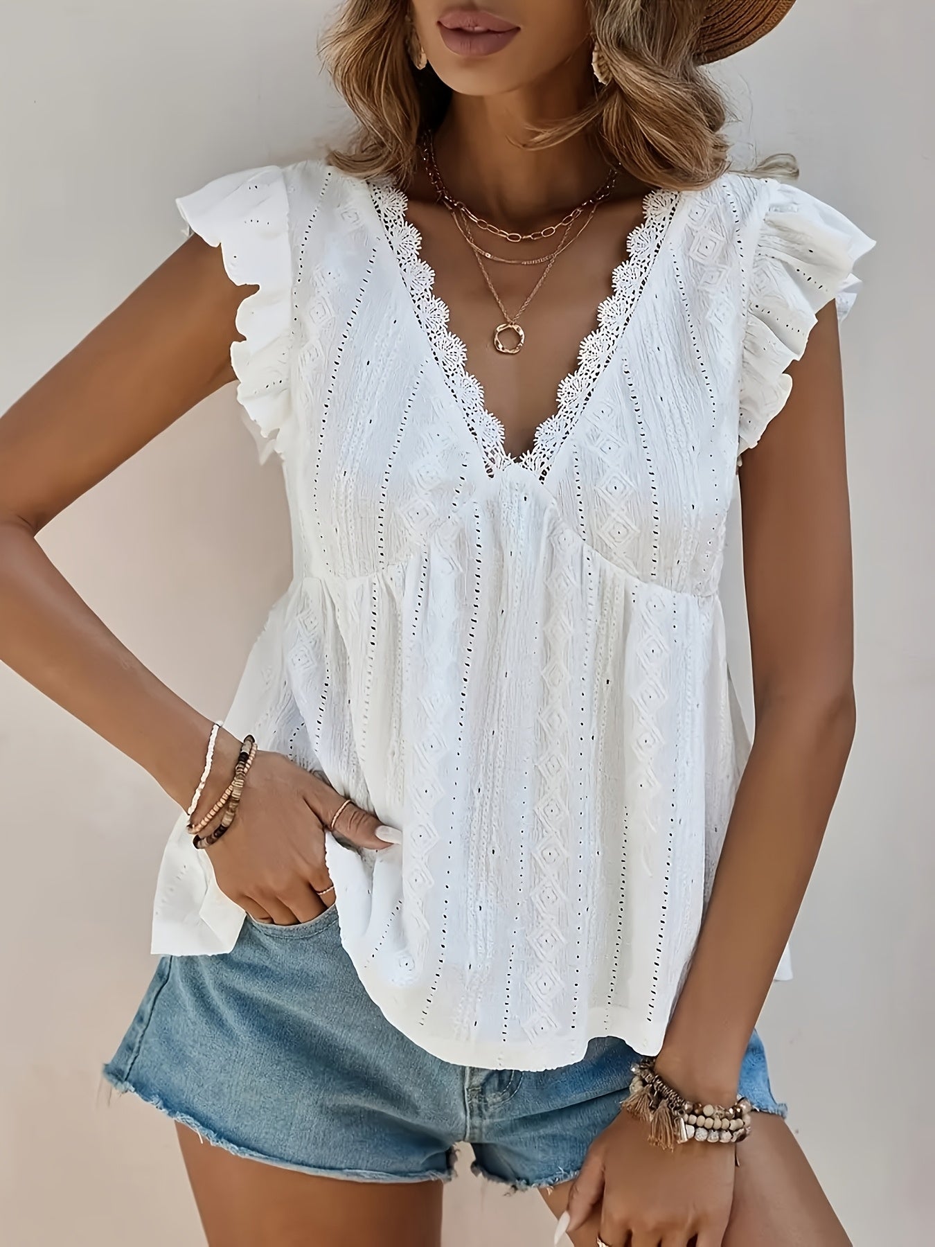 Women's V-Neck Ruffle Sleeve Blouse with Lace Trim & Eyelet Embroidery - Breathable Non-Transparent Fabric, Cinched Waist Casual Top for Summer & All Seasons, Allseason Fashion, Delicate Detailing