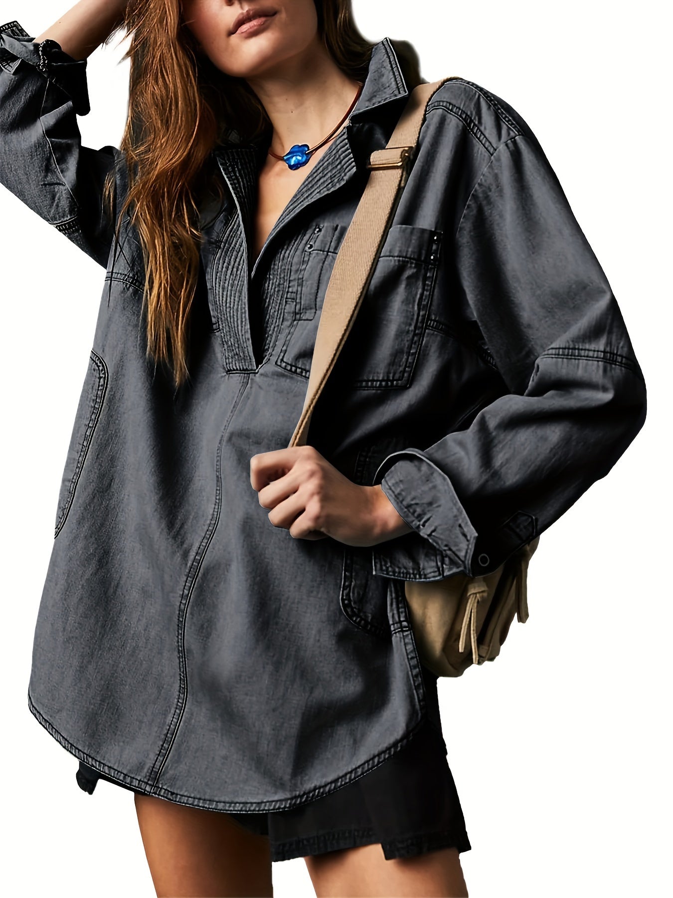 1pc Women'S Casual Cotton Faux Denim Shirt - Solid Color Long Sleeve V-Neck Pullover with Pockets, Loose Fit Jean Jacket Style Blouse for Fall\u002FWinter