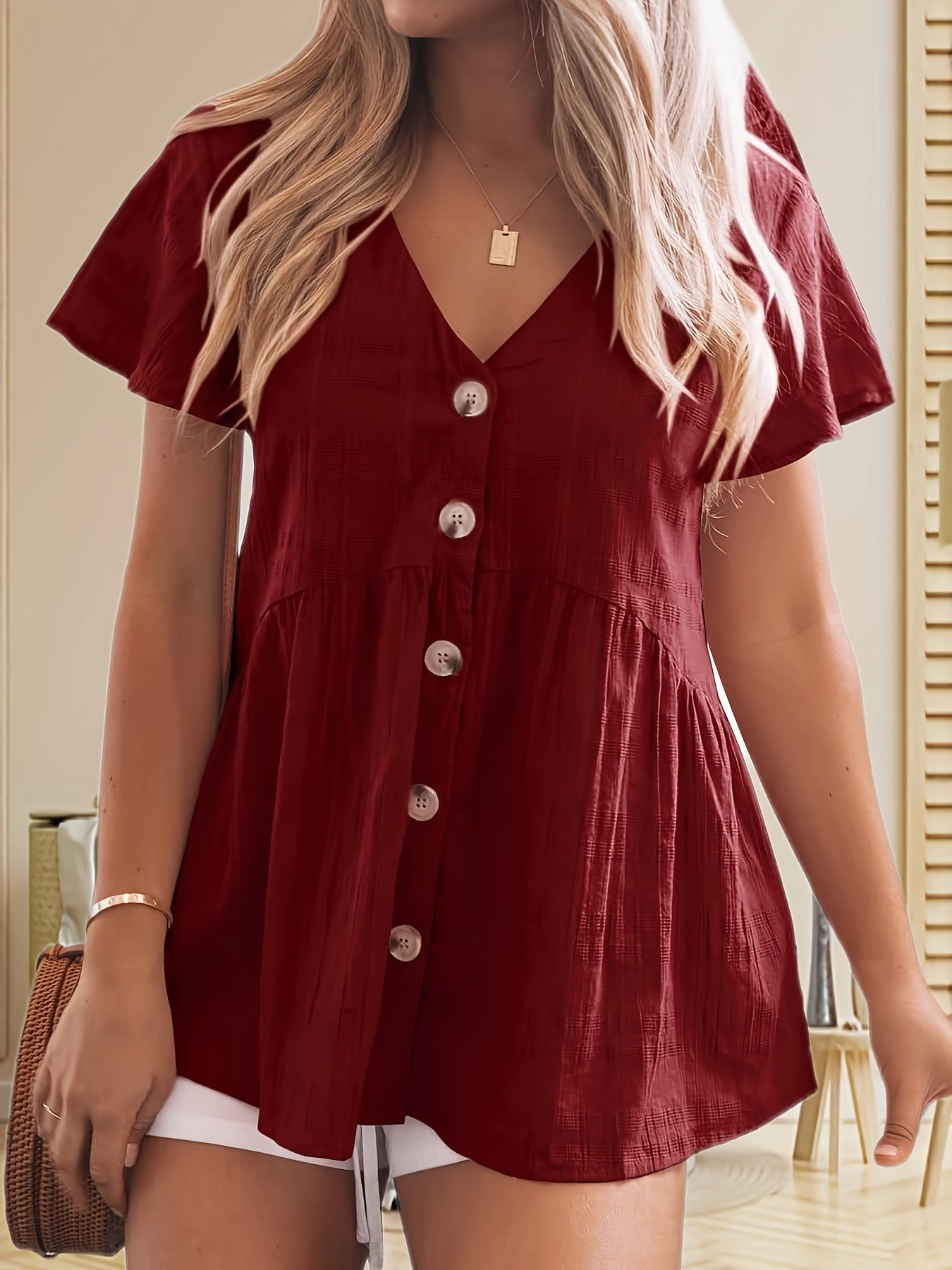 Women'S Short Sleeve V Neck Blouse Button Shirt Loose Casual Ruffle Hem Babydoll Peplum Tops For Summer Outings, Date Nights&Casual Style