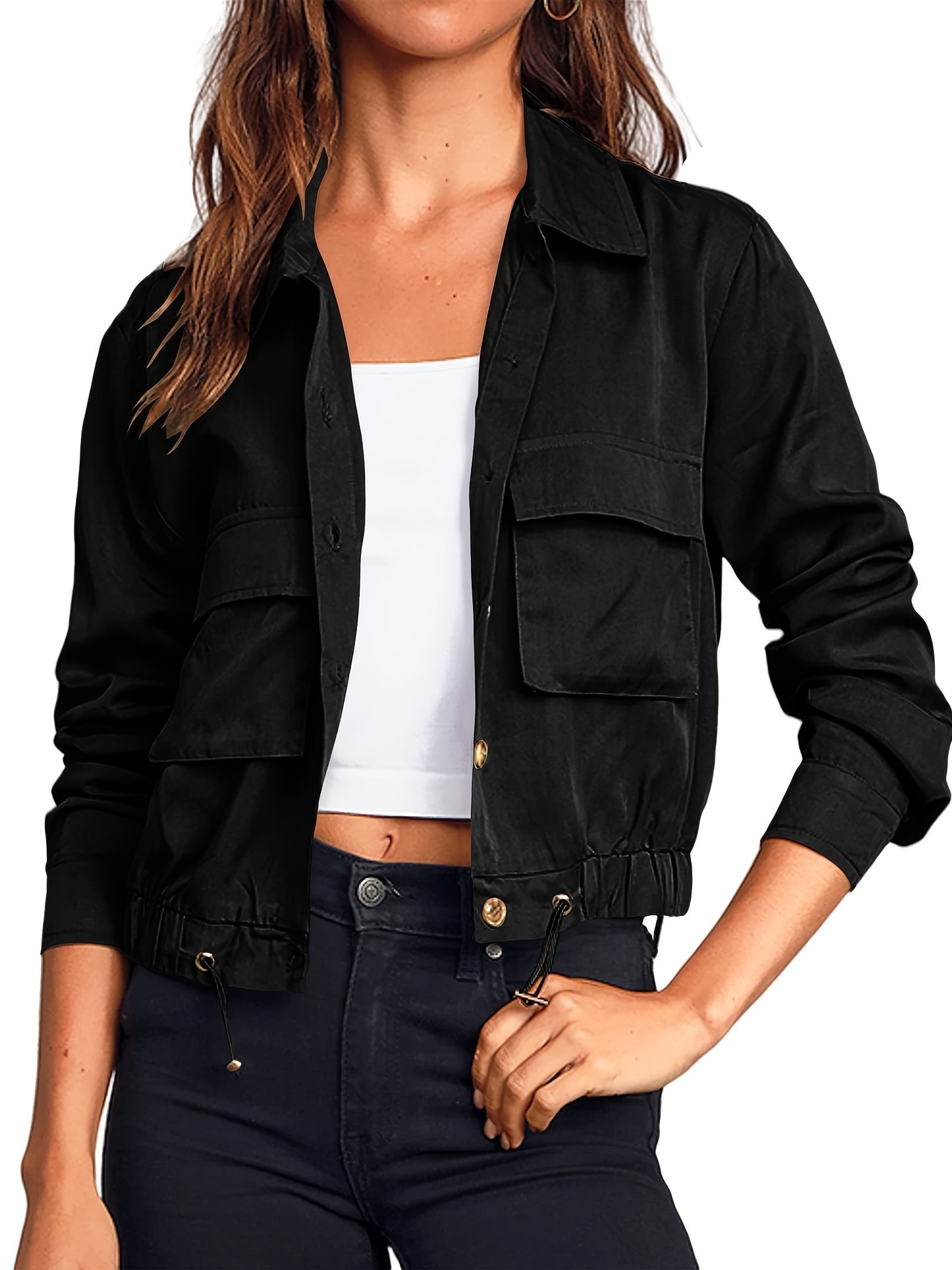 Women's Lightweight Military Safari Cropped Jacket - Button Oversized Utility Anorak with Pockets, Long Sleeve, Rayon Blend, Beige, Casual Outdoor Style, Casual Outdoor Jacket | Button Coat | Lightweight Coat