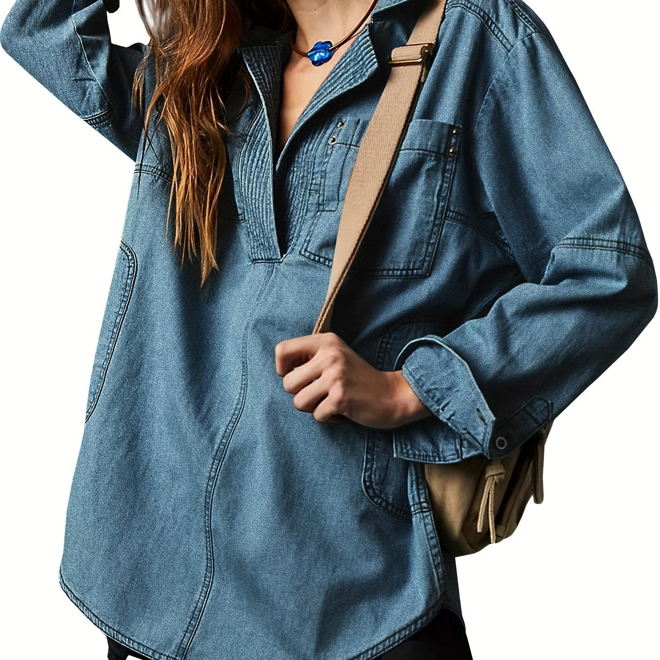 Women's Denim Pullover Casual Button V Neck Blouse Loose Fit Long Sleeve Jean Jacket With Pocket