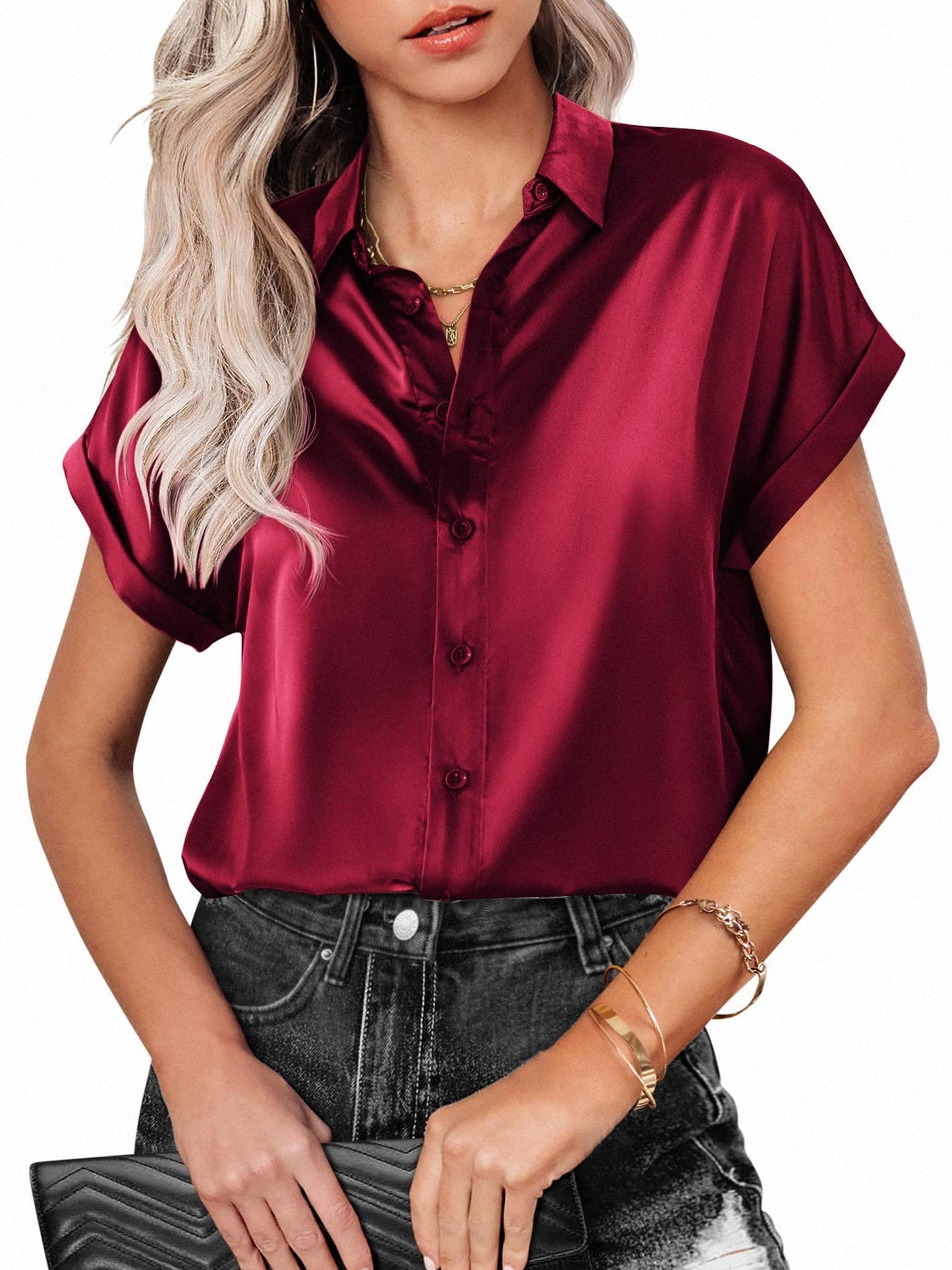 Womens Short Sleeve Satin Button Shirts Casual Loose V-Neck Business Work Tunic Top Spring Summer Fall Womens Clothing
