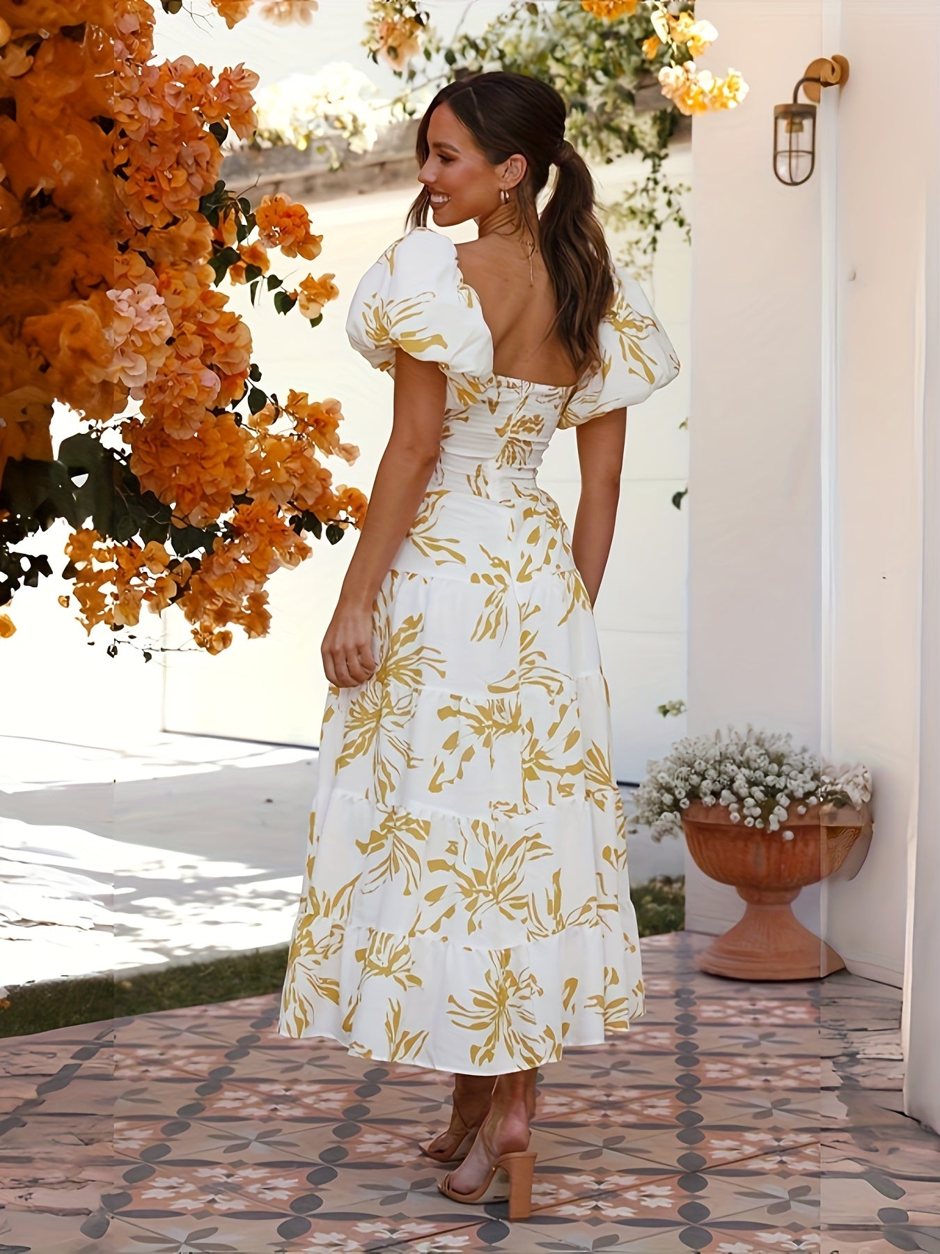 Women's Spring\u002FSummer New Style Elegant Yellow And White Printed Bubble Sleeve Grand Swing Premium Dress