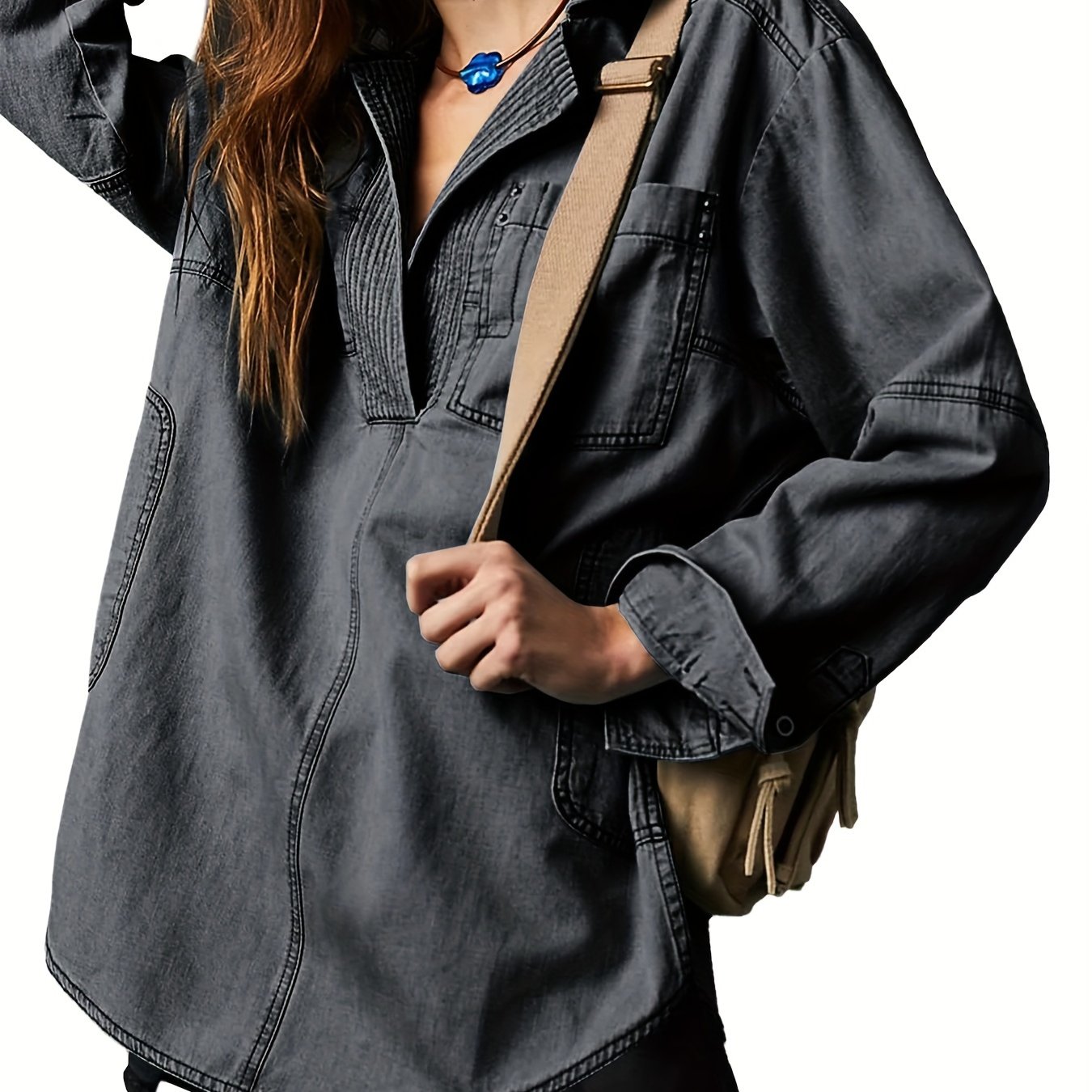 Women's Denim Pullover Casual Button V Neck Blouse Loose Fit Long Sleeve Jean Jacket With Pocket