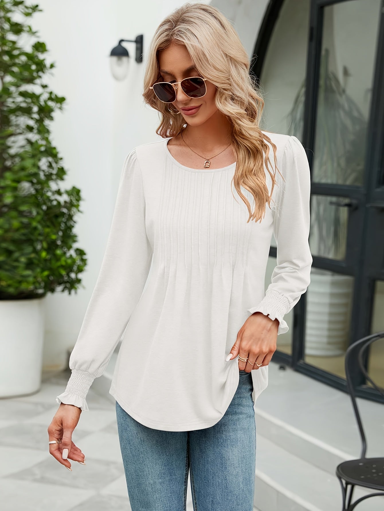 Women'S Casual Crew Neck Tunic Top - Long\u002FShort Sleeve, Ruched Chest, Loose Fit, Solid Color, Spring\u002FFall Fashion, Versatile Blouse | Relaxed Fit Shirt | Glossy Texture, Ladies T Shirts