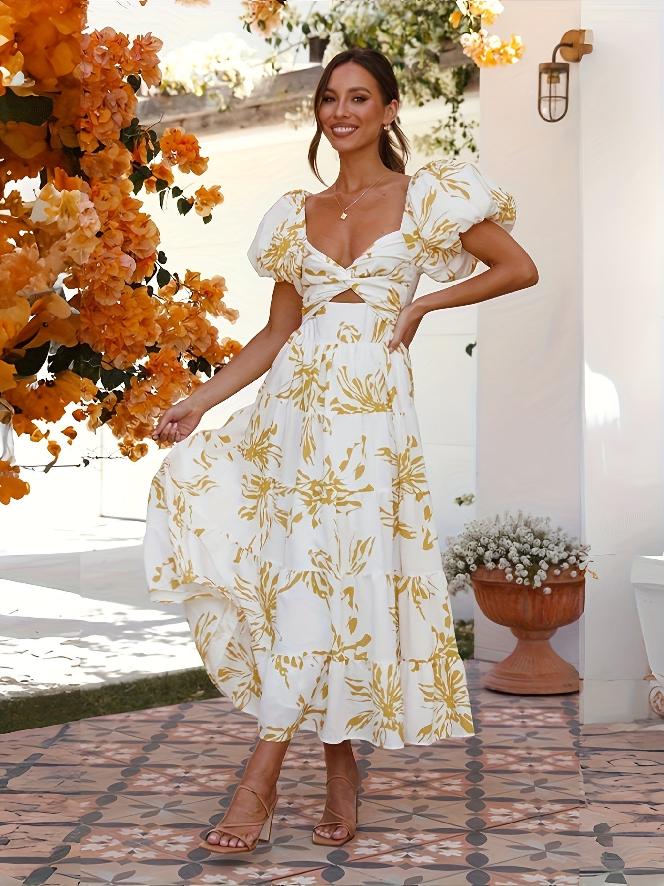 Women's Spring\u002FSummer New Style Elegant Yellow And White Printed Bubble Sleeve Grand Swing Premium Dress