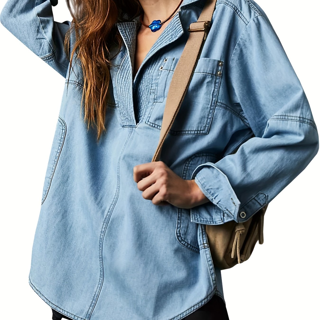 Women's Denim Pullover Casual Button V Neck Blouse Loose Fit Long Sleeve Jean Jacket With Pocket