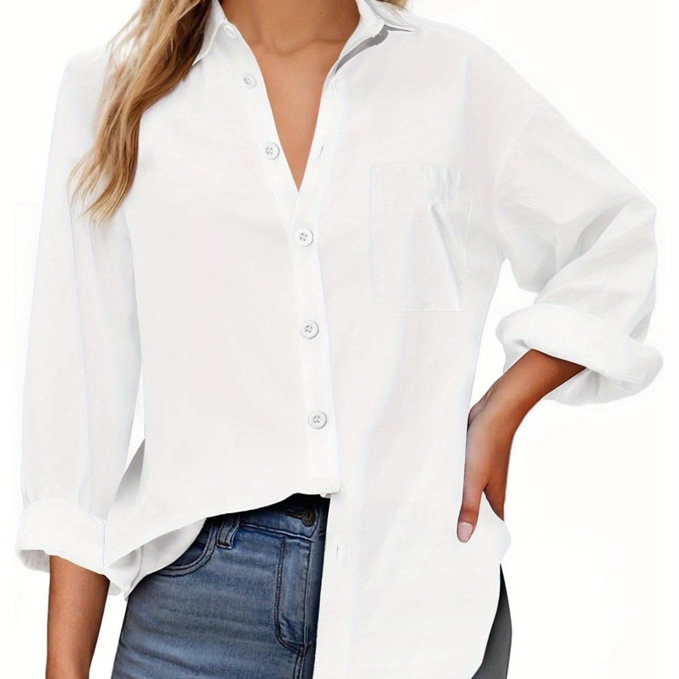 Women's Solid Color Button-Up Shirt - Long Sleeve, Loose Fit with Pocket, 100%, Ideal for Travel and Daily Wear, Sexy Casual Top, Sexy Style, Spring\u002FSummer\u002FAutumn