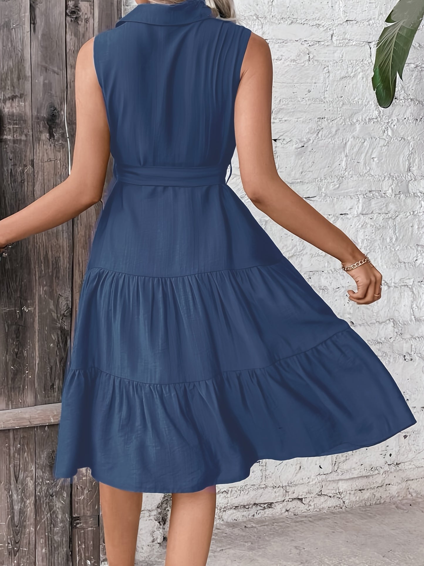 Women'S Elegant Sleeveless Dress with Ruffle Hem and Tie Waist, Polyester 97% Elastane 3%, Solid Color, Lapel Collar, Woven Fabric, 130g\u002Fm², Perfect for Spring\u002FSummer