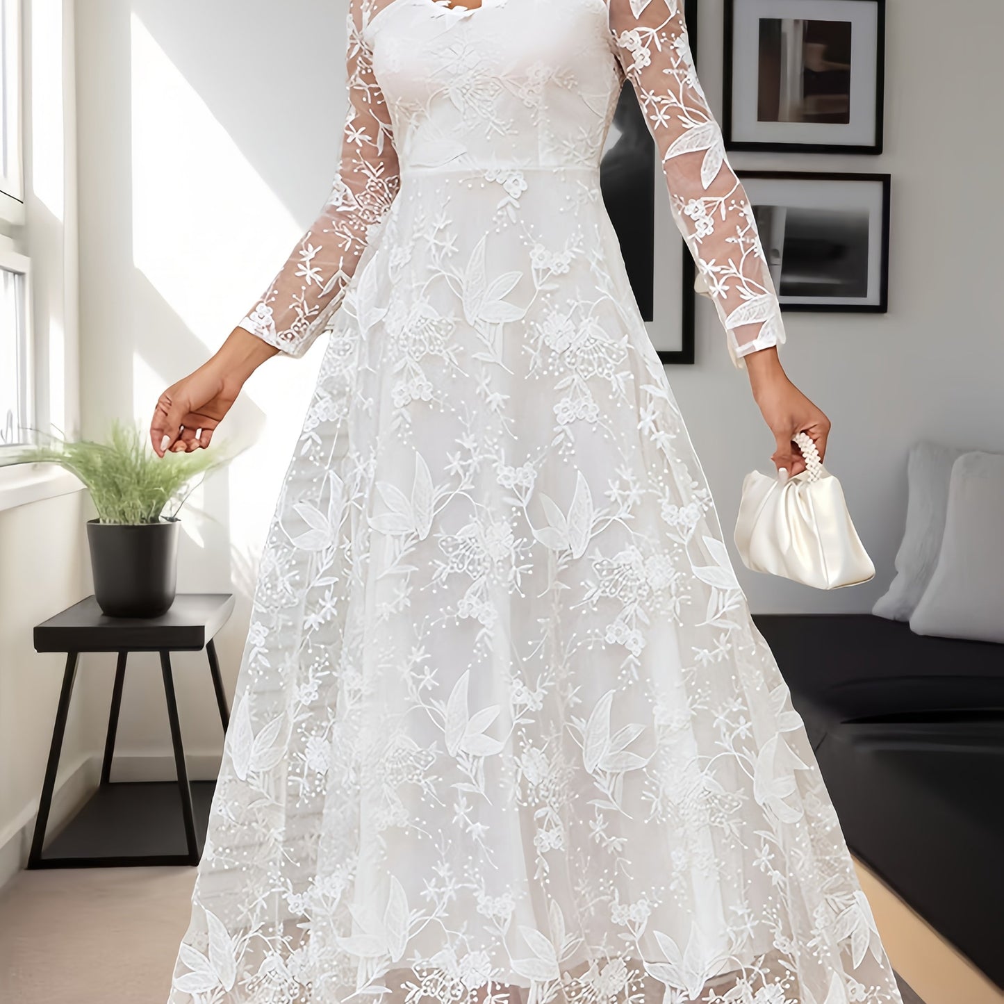 Plus Size, Spring And Autumn Season - Large Size Women's Dress - Long-sleeved One-shoulder Lace Dress - Formal Dress - Bridal Attendant Dress