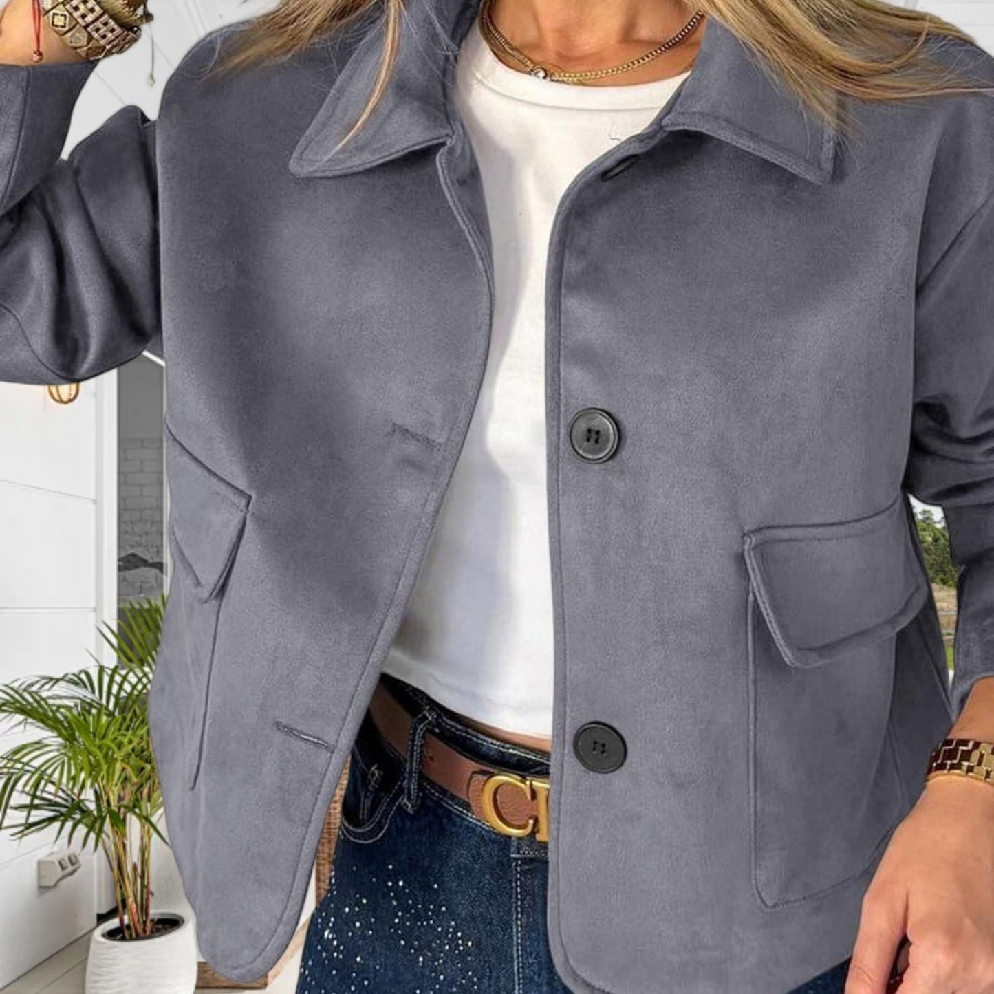 Women'S Cropped Faux Suede Shacket Jacket Vintage Button Coat Casual Outerwear for Fall\u002F Spring