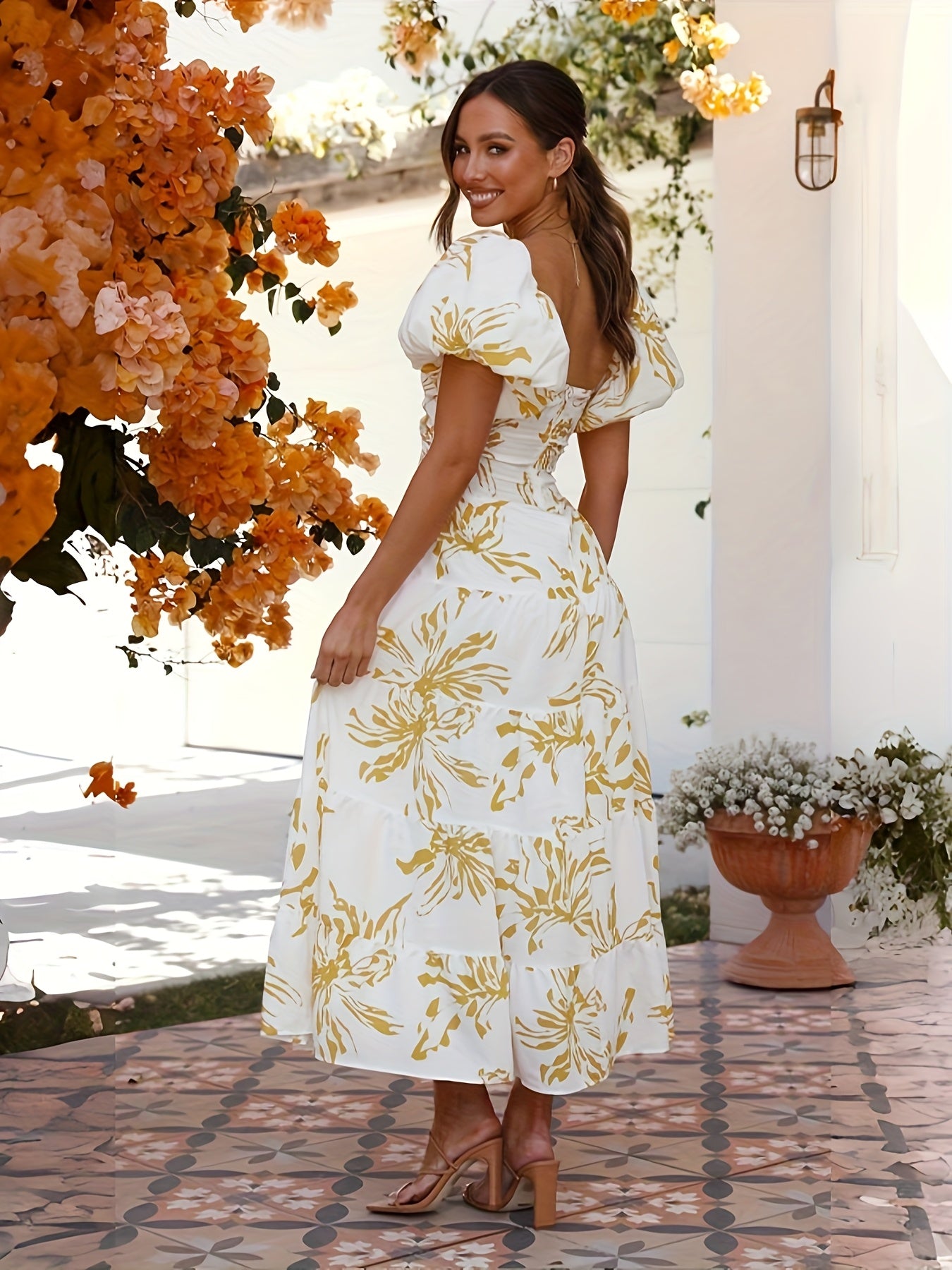 Women's Spring\u002FSummer New Style Elegant Yellow And White Printed Bubble Sleeve Grand Swing Premium Dress