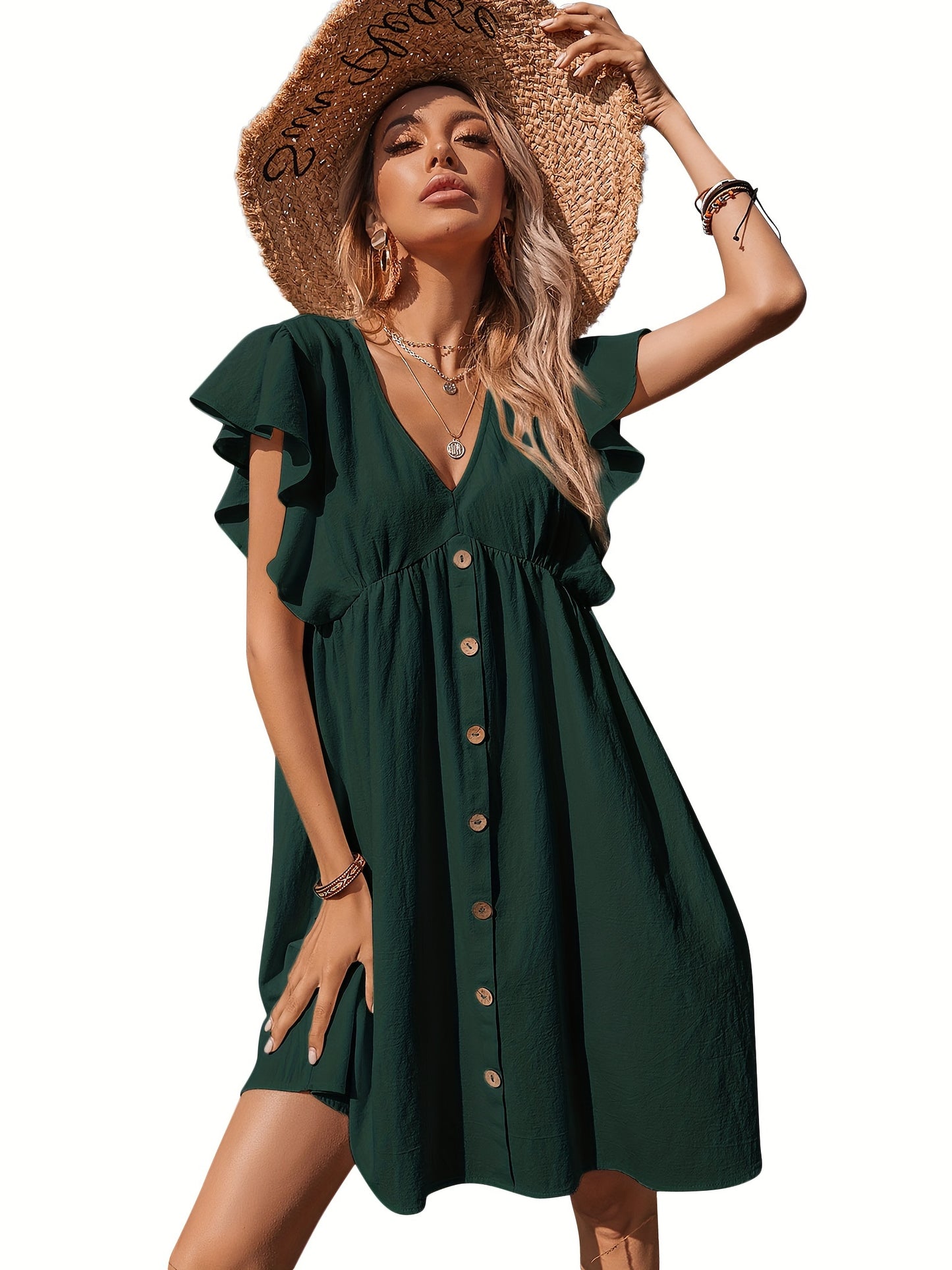 Women's Ruffle Babydoll Dress Long\u002FShort Sleeve V Neck High Waist Botton Casual Loose Flowy Swing Pleated Tunic Dress