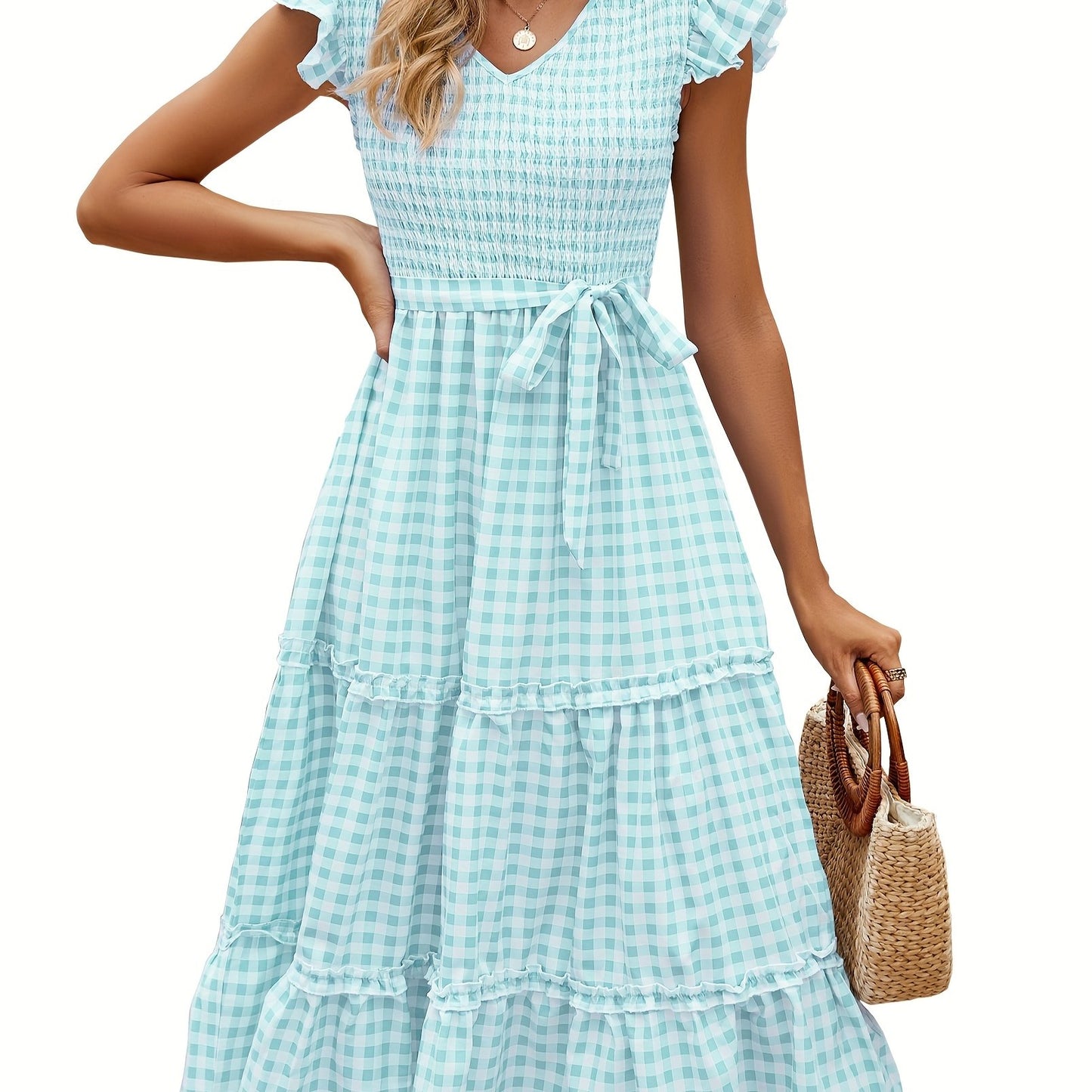 Women'S Summer V Neck Smocked Maxi Dress Puff Sleeve Pregnancy Baby Shower Photoshoot Dress