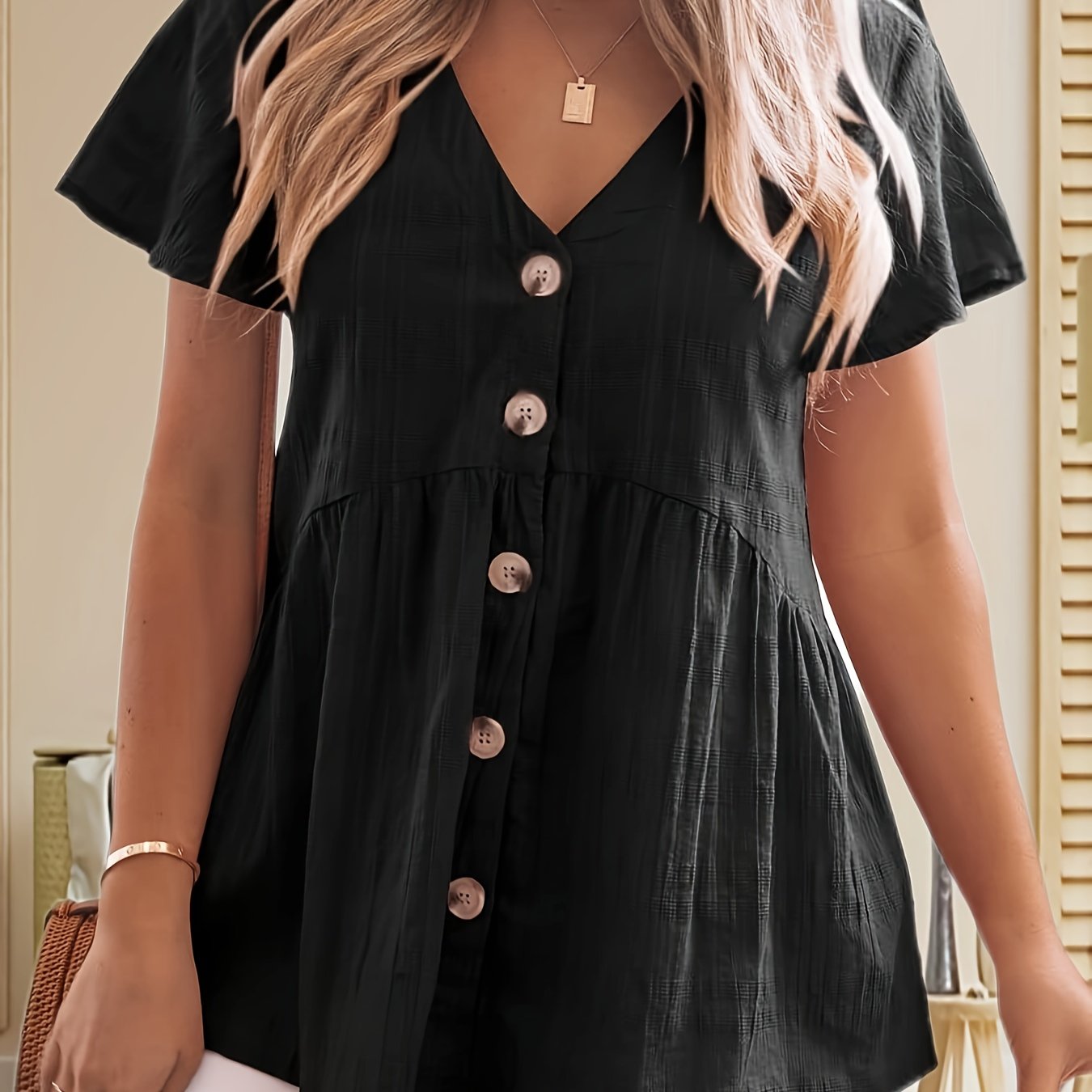 Women'S Short Sleeve V Neck Blouse Button Shirt Loose Casual Ruffle Hem Babydoll Peplum Tops For Summer Outings, Date Nights&Casual Style