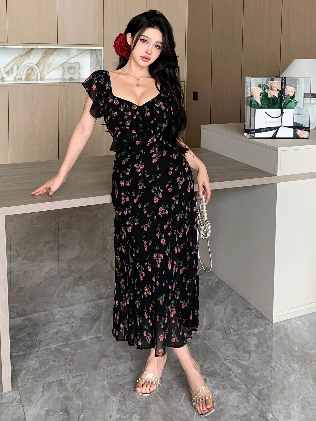 Women'S French-Inspired Elegant Square Neck Black Floral Print Ruffled Sleeve Knee-Length Dress - Fitted Summer Dress for Casual & Formal Occasions, Cute Dress, Evening Wear, Decorative Floral Design
