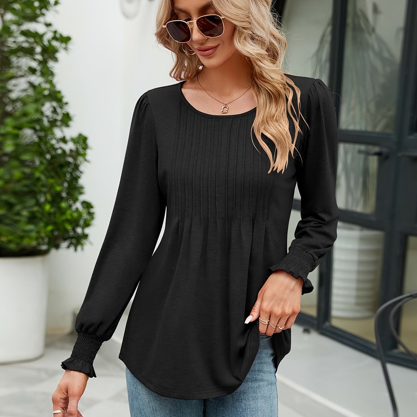 Women'S Casual Crew Neck Tunic Top - Long\u002FShort Sleeve, Ruched Chest, Loose Fit, Solid Color, Spring\u002FFall Fashion, Versatile Blouse | Relaxed Fit Shirt | Glossy Texture, Ladies T Shirts