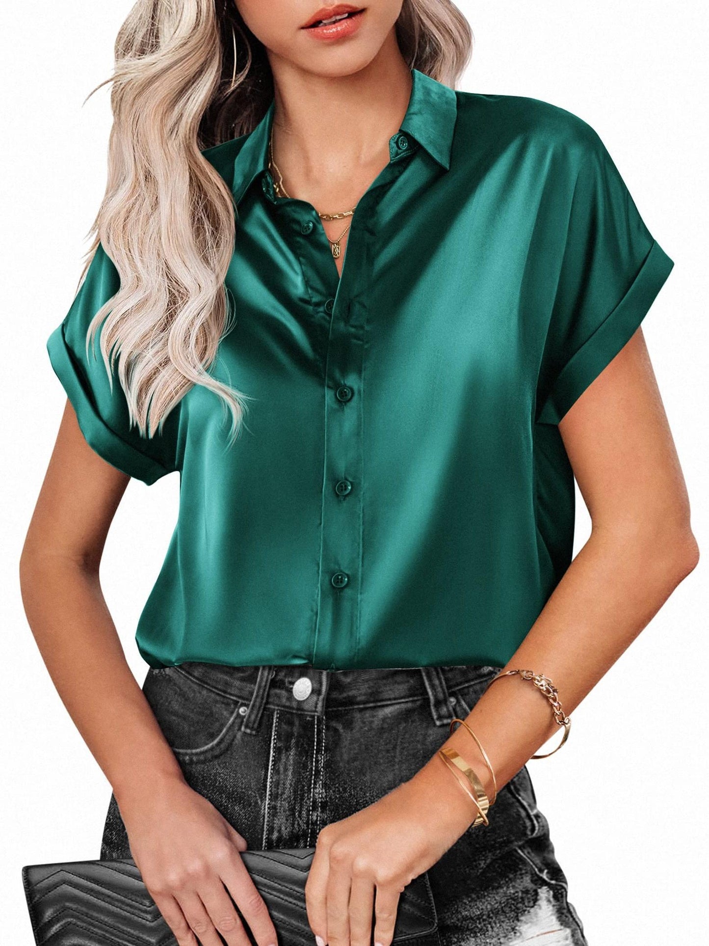 Womens Short Sleeve Satin Button Shirts Casual Loose V-Neck Business Work Tunic Top Spring Summer Fall Womens Clothing