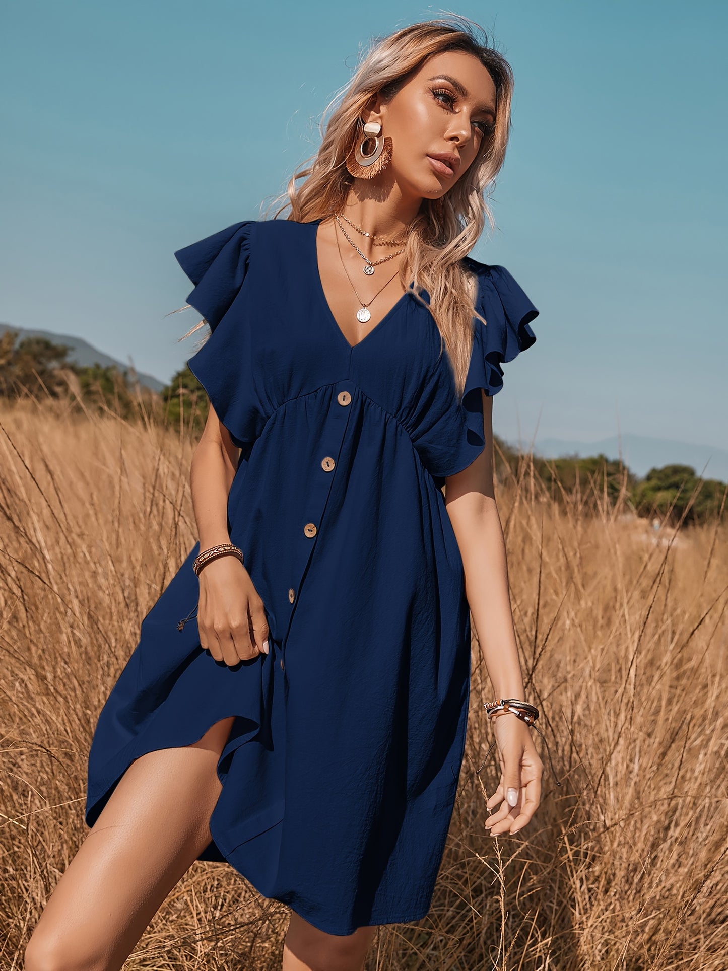 Women's Ruffle Babydoll Dress Long\u002FShort Sleeve V Neck High Waist Botton Casual Loose Flowy Swing Pleated Tunic Dress