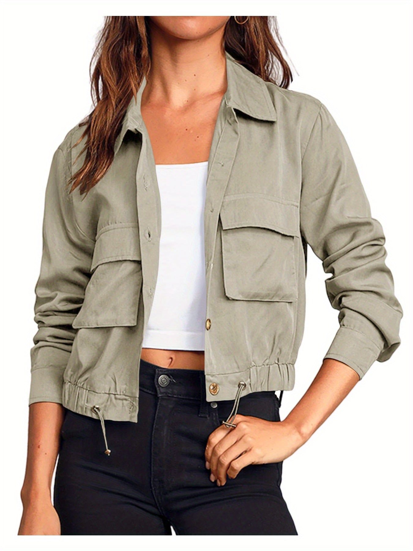 Women'S Military Safari Cropped Jackets Button Lightweight Oversized Utility Anorak Coat with Pockets