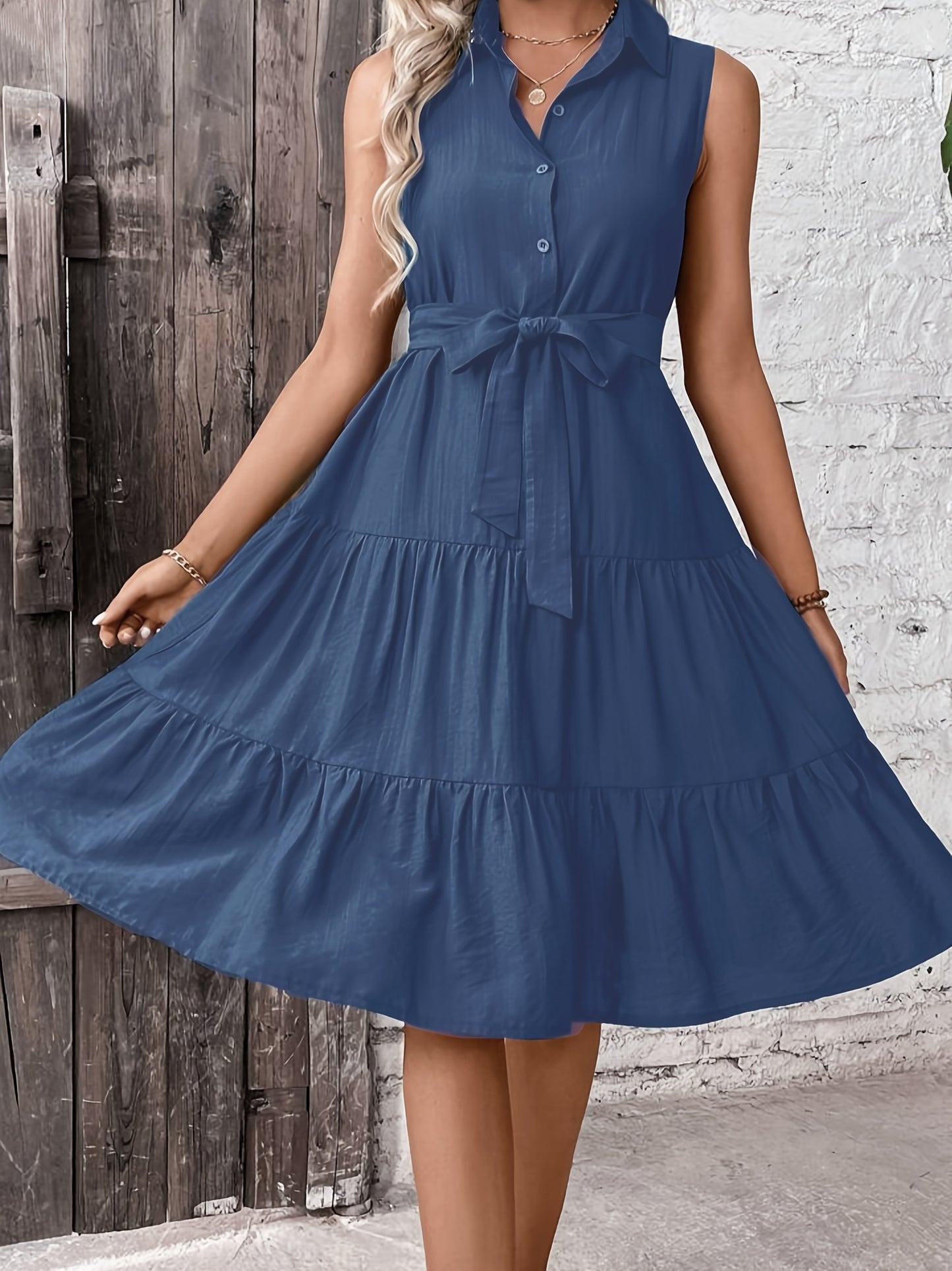 Women'S Elegant Sleeveless Dress with Ruffle Hem and Tie Waist, Polyester 97% Elastane 3%, Solid Color, Lapel Collar, Woven Fabric, 130g\u002Fm², Perfect for Spring\u002FSummer