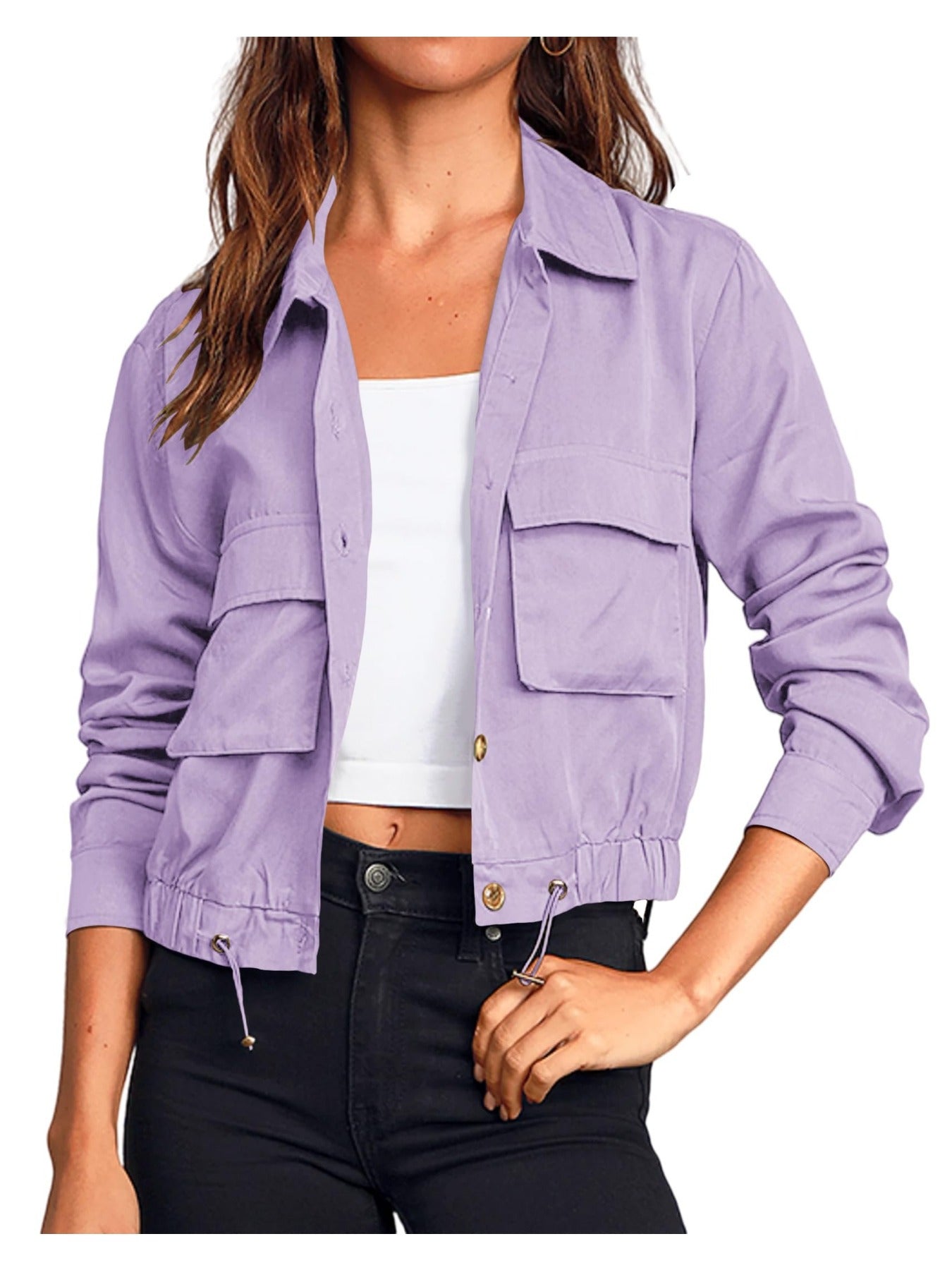 Women'S Military Safari Cropped Jackets Button Lightweight Oversized Utility Anorak Coat with Pockets
