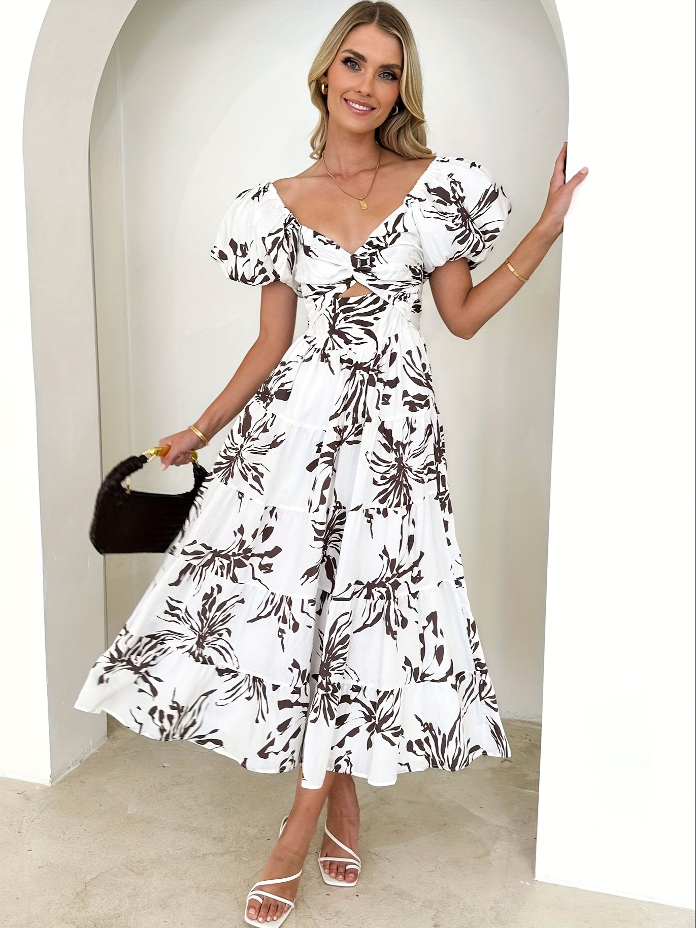 Women's Spring\u002FSummer New Style Elegant Yellow And White Printed Bubble Sleeve Grand Swing Premium Dress