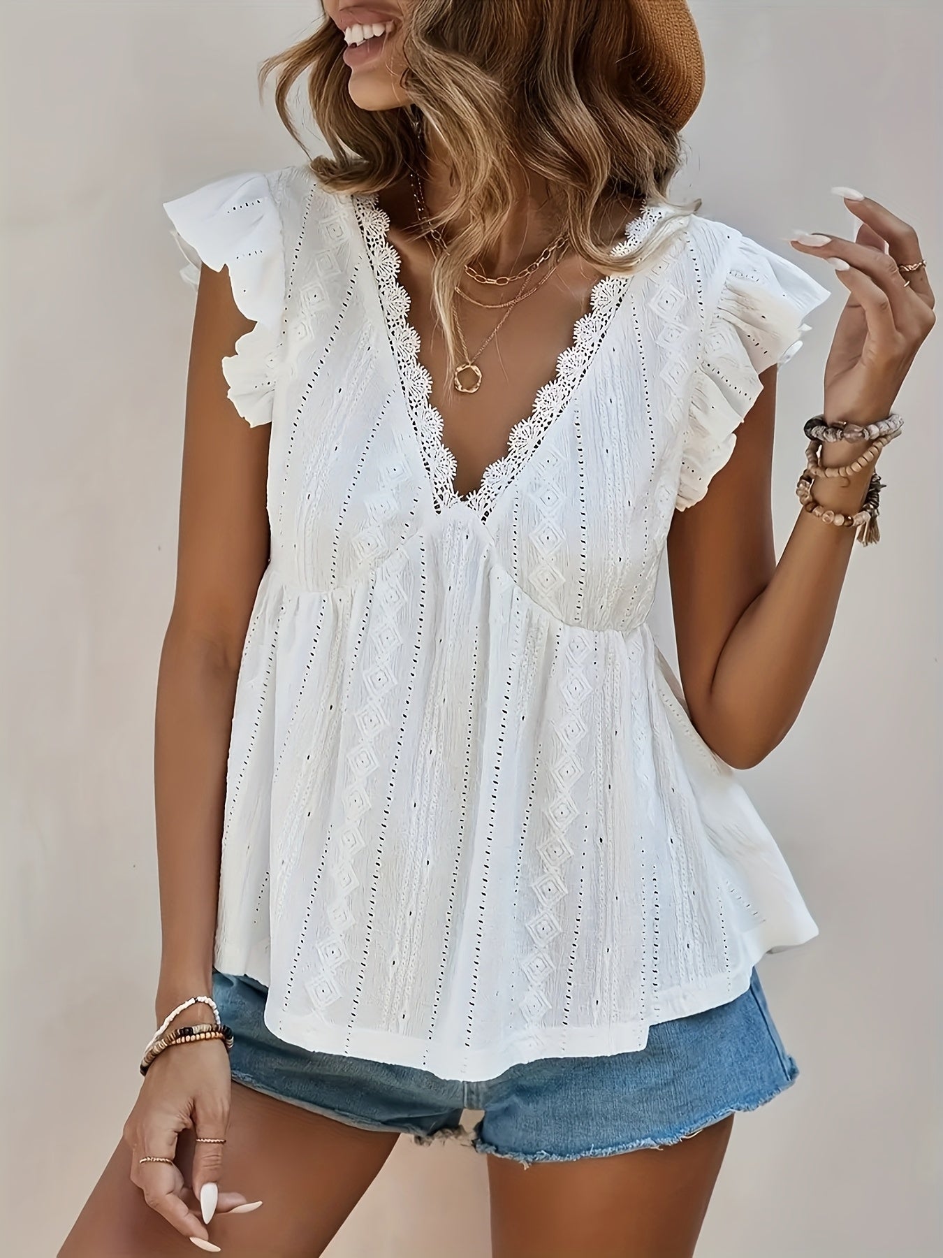 Women's V-Neck Ruffle Sleeve Blouse with Lace Trim & Eyelet Embroidery - Breathable Non-Transparent Fabric, Cinched Waist Casual Top for Summer & All Seasons, Allseason Fashion, Delicate Detailing