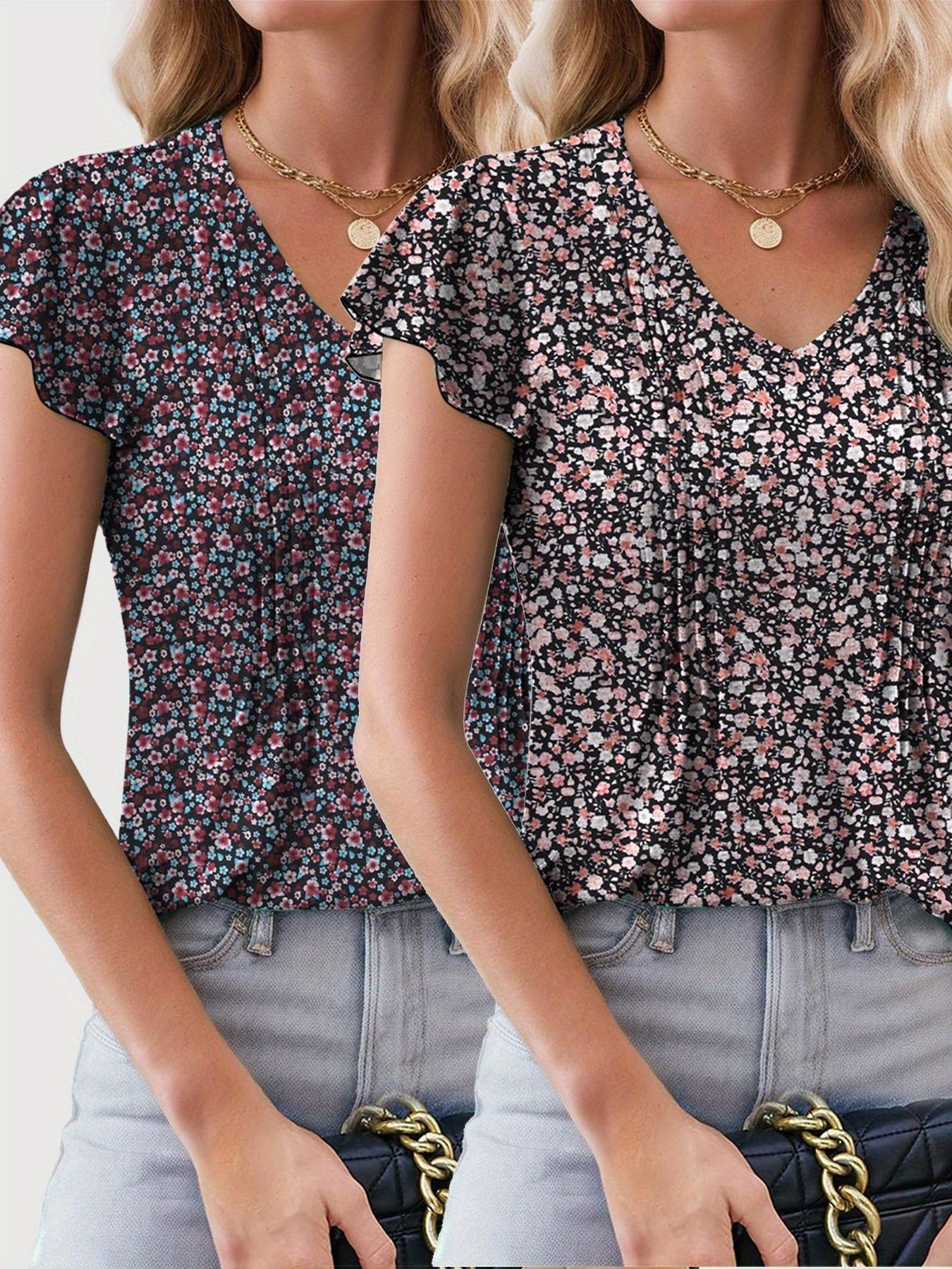 Ladies 2pcs Elegant Tops - Ladies Casual European and American Printed Vacation Ladies Two-piece Set, Elegant V-neck T-shirt with Small Floral Print