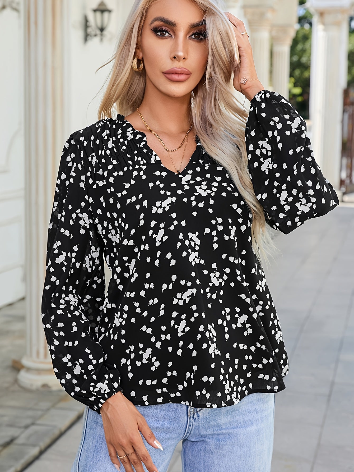 Women's Commuter Top, V-Neck, Long Sleeve Polka Dot Print, Pleated Blouse