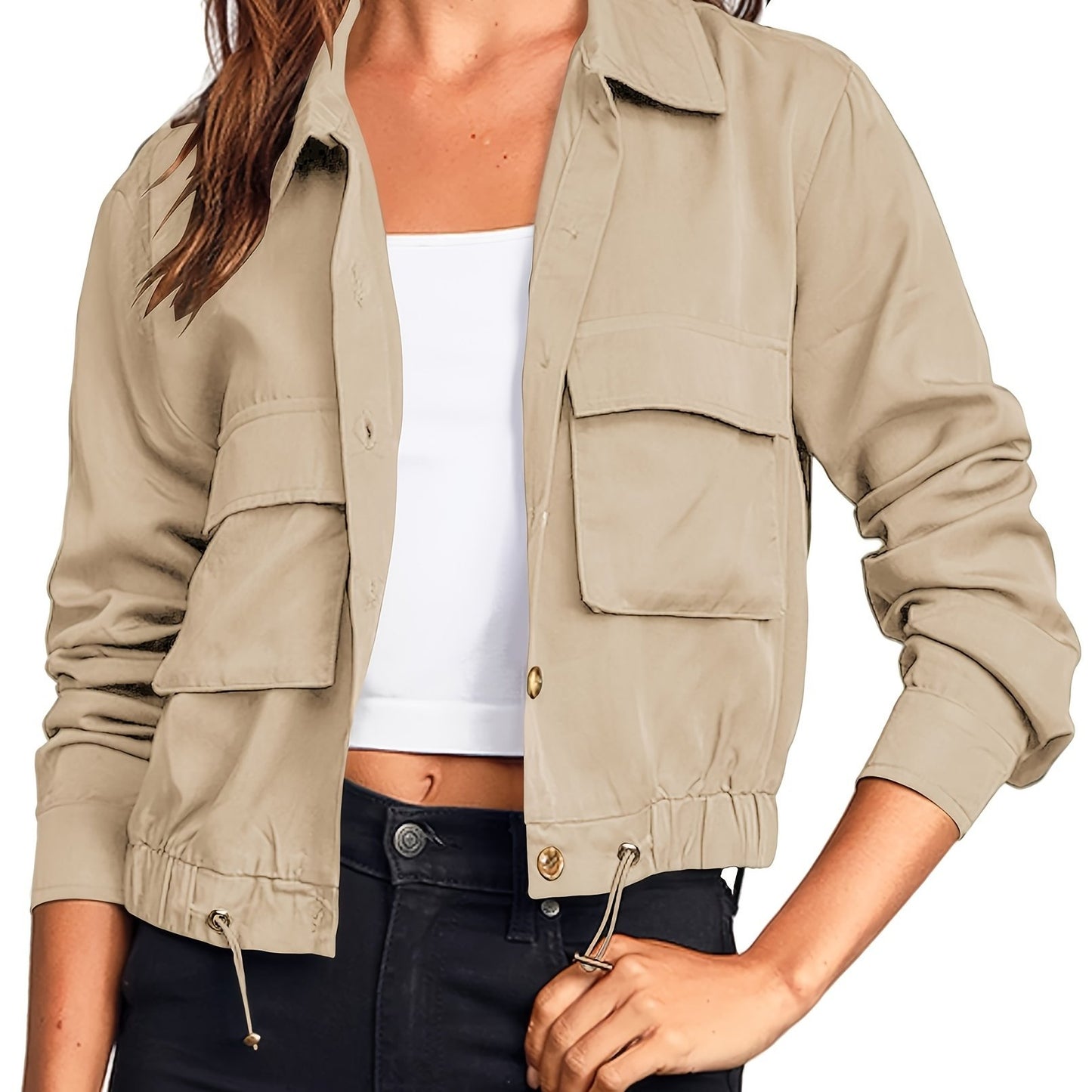 Women's Lightweight Military Safari Cropped Jacket - Button Oversized Utility Anorak with Pockets, Long Sleeve, Rayon Blend, Beige, Casual Outdoor Style, Casual Outdoor Jacket | Button Coat | Lightweight Coat