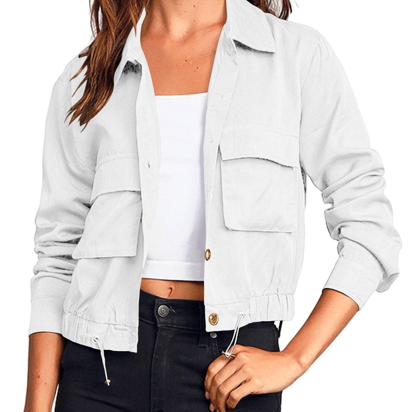 Women'S Military Safari Cropped Jackets Button Lightweight Oversized Utility Anorak Coat with Pockets