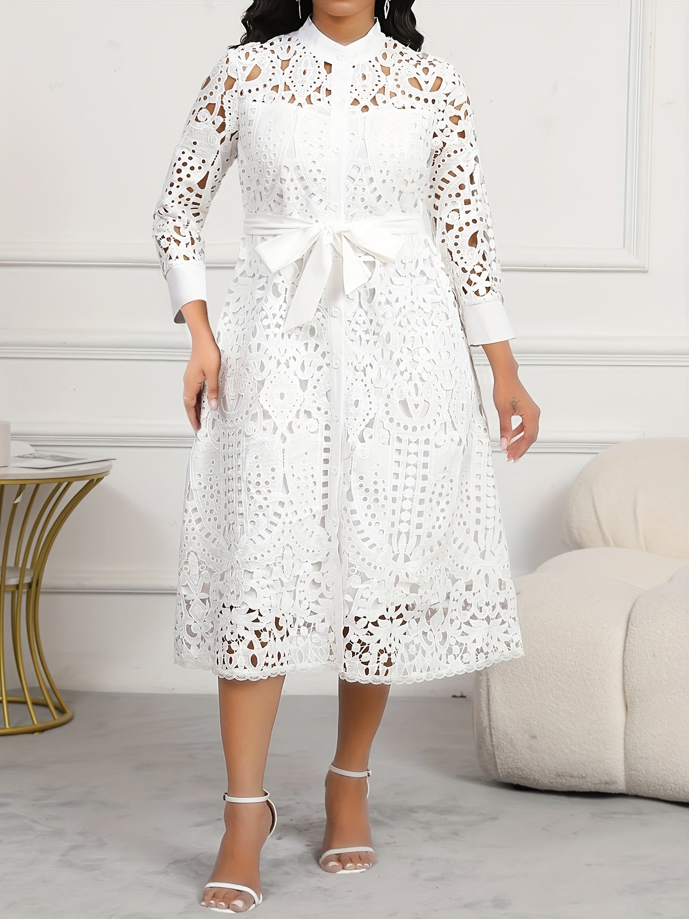 Plus Size, Large-size Fashionable Women's Dress with Whte Open-work Lace Patchwork, V-neckine, Three-quarter Sleeves, Drawstring Waist, Simming Elfect And Elegant Style DMBT010
