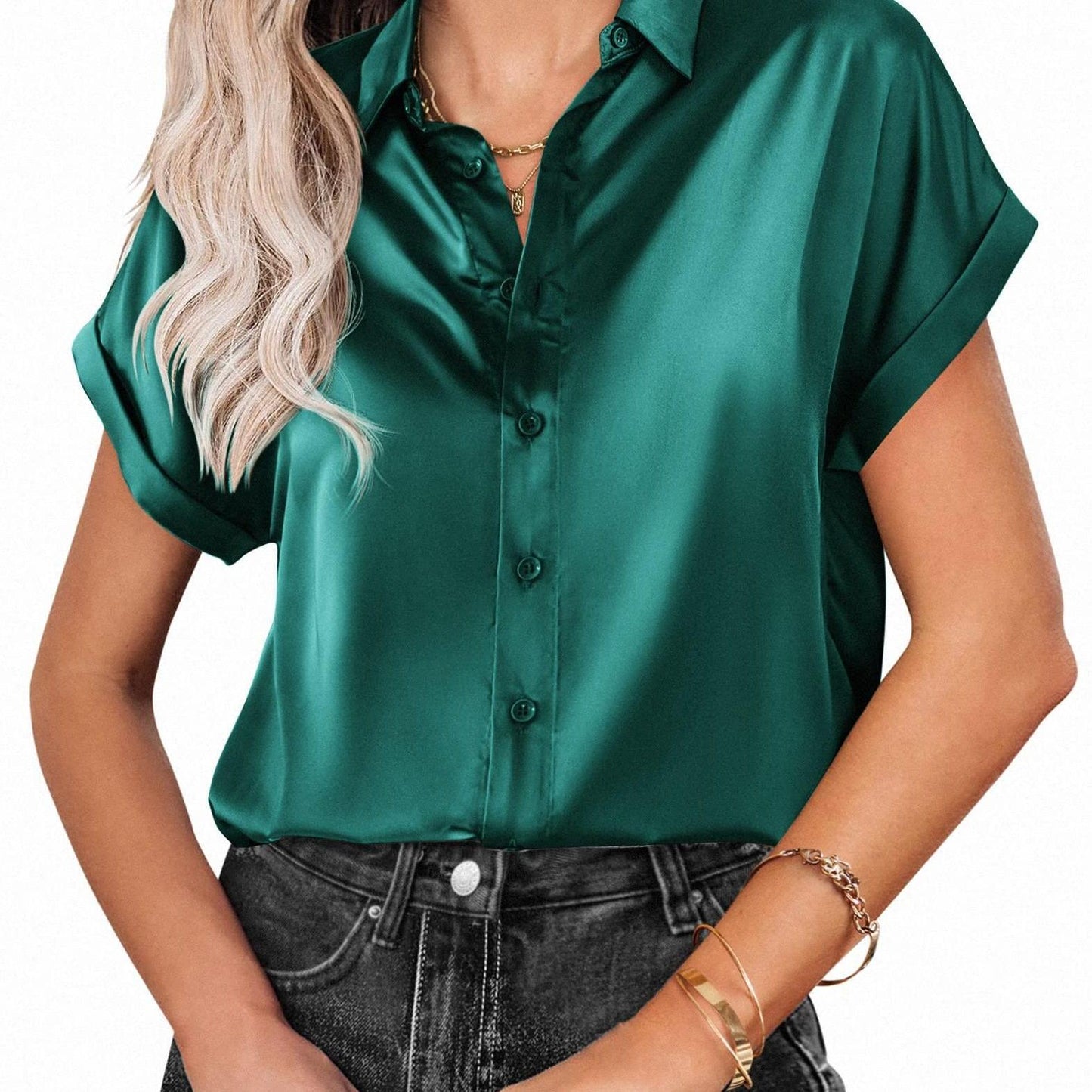 Womens Short Sleeve Satin Button Shirts Casual Loose V-Neck Business Work Tunic Top Spring Summer Fall Womens Clothing