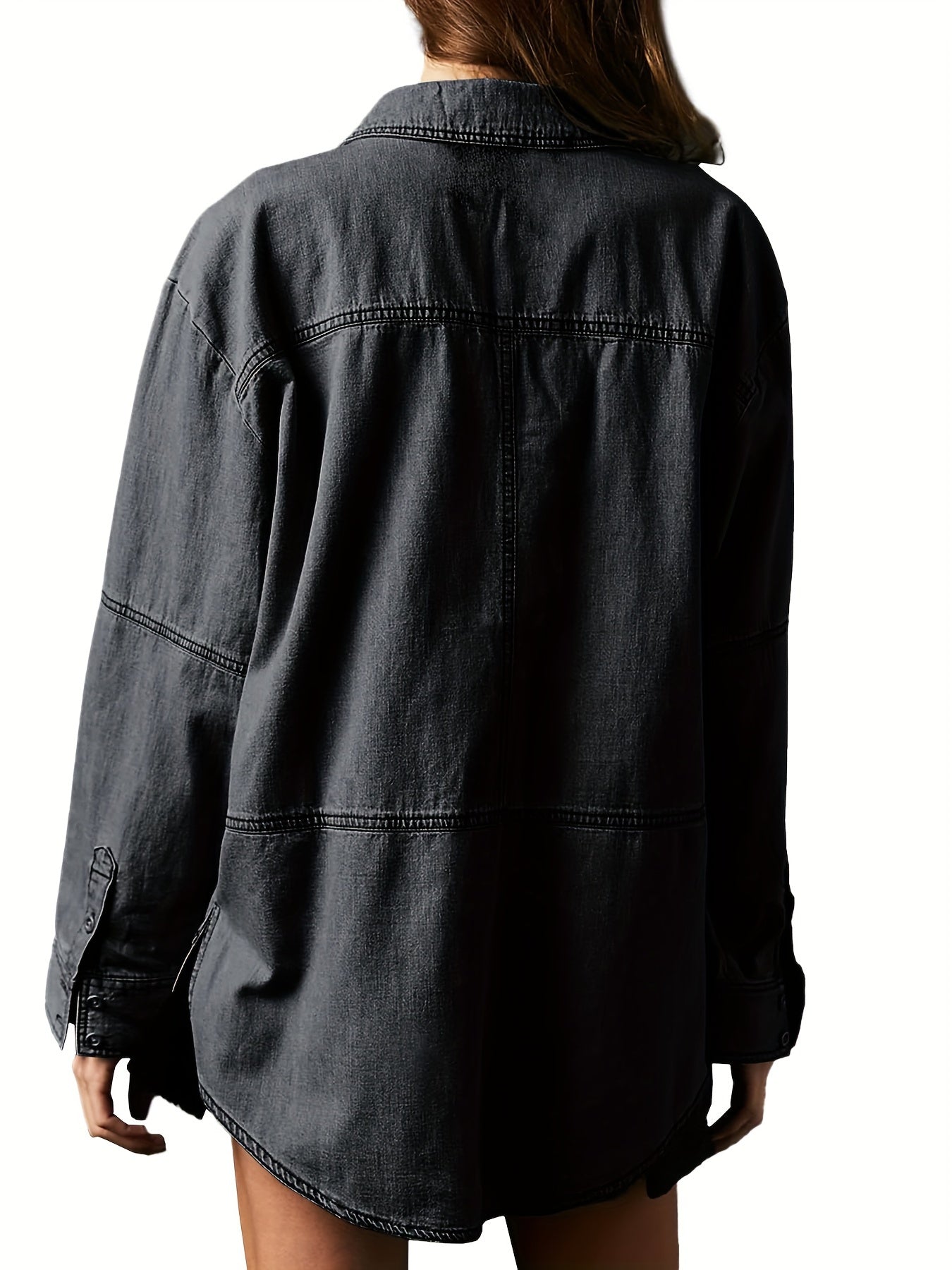Women's Denim Pullover Casual Button V Neck Blouse Loose Fit Long Sleeve Jean Jacket With Pocket