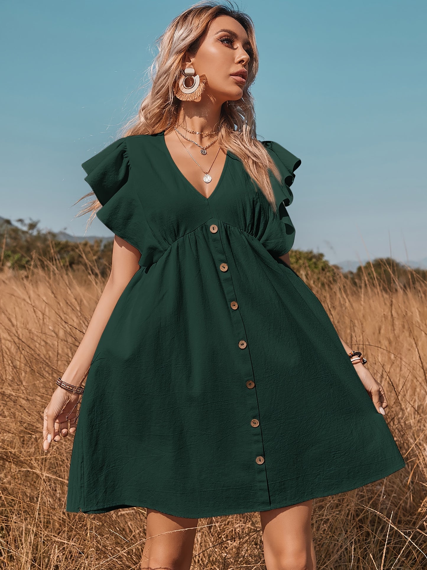Women's Ruffle Babydoll Dress Long\u002FShort Sleeve V Neck High Waist Botton Casual Loose Flowy Swing Pleated Tunic Dress