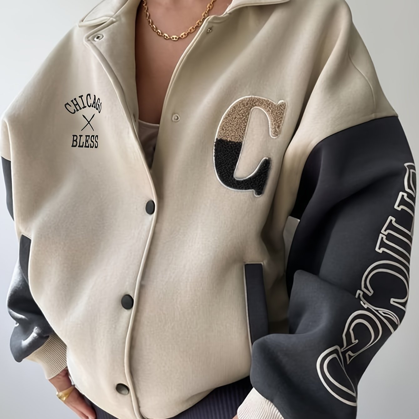 Color Block Snap Front Jacket, Casual Long Sleeve Drop Shoulder Loose Collared Jacket For Spring & Fall, Women's Clothing