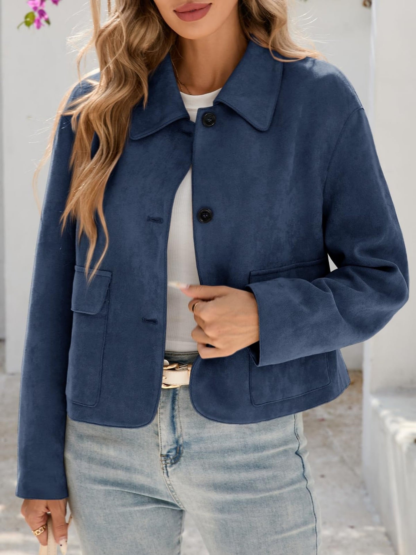 Women'S Cropped Faux Suede Shacket Jacket Vintage Button Coat Casual Outerwear for Fall\u002F Spring