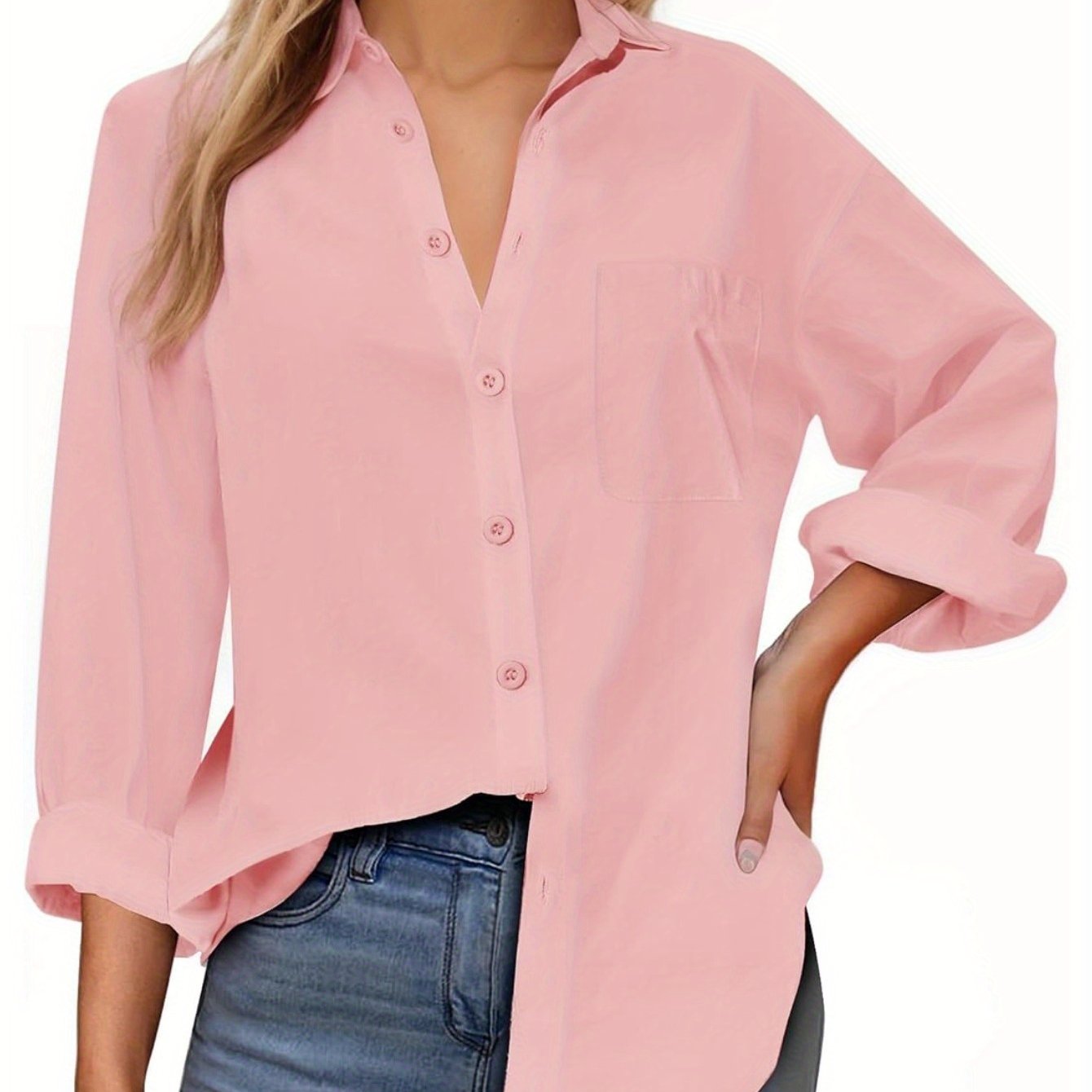 Women's Solid Color Button-Up Shirt - Long Sleeve, Loose Fit with Pocket, 100%, Ideal for Travel and Daily Wear, Sexy Casual Top, Sexy Style, Spring\u002FSummer\u002FAutumn