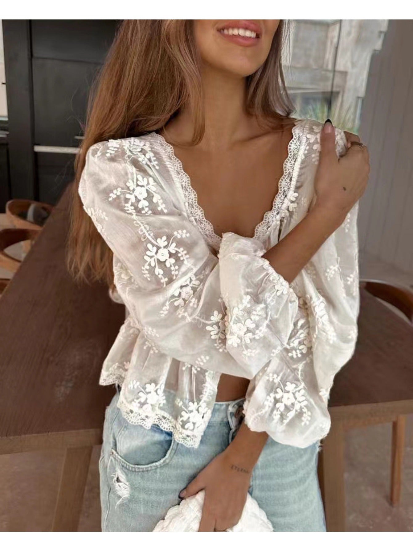 New Sexy Women'S Loose Embroidered Long-Sleeved Shirt