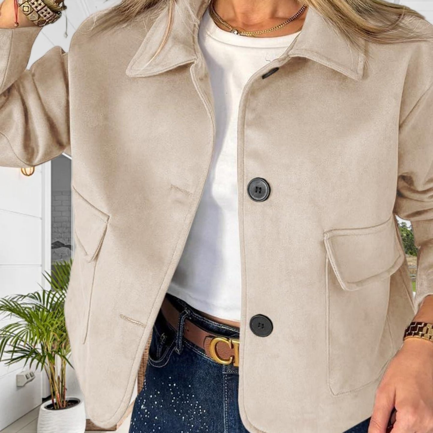 Women'S Cropped Faux Suede Shacket Jacket Vintage Button Coat Casual Outerwear for Fall\u002F Spring