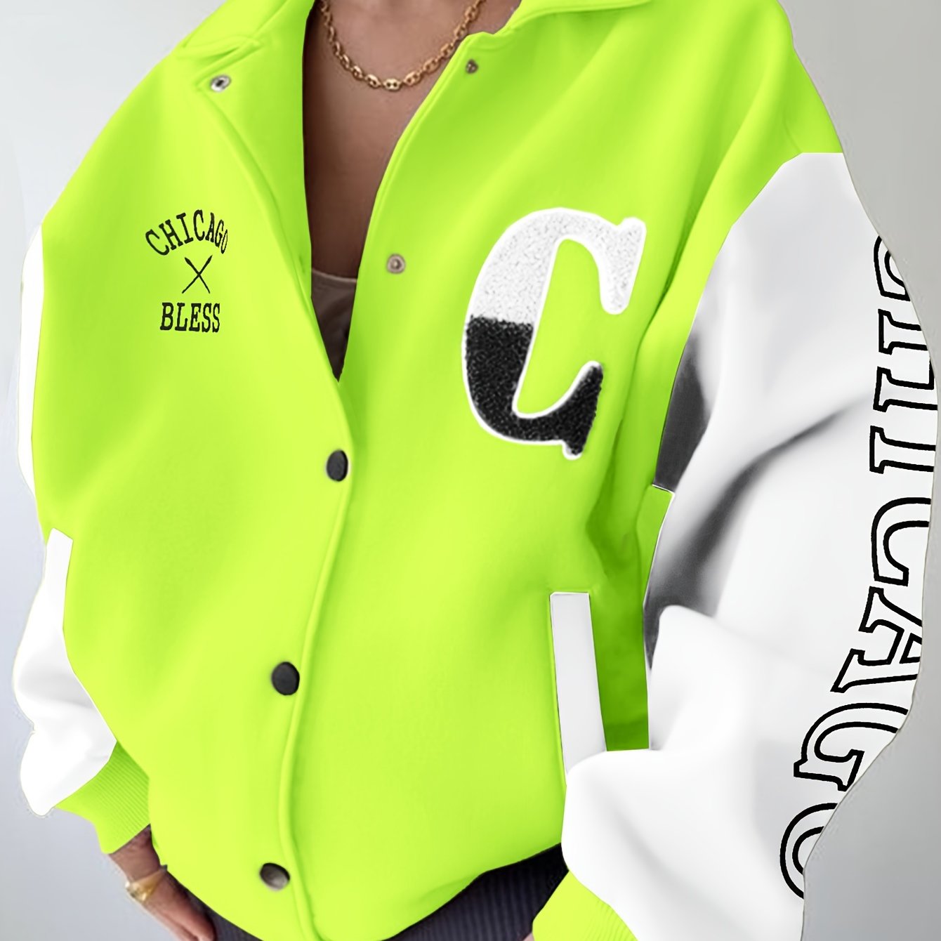 Color Block Snap Front Jacket, Casual Long Sleeve Drop Shoulder Loose Collared Jacket For Spring & Fall, Women's Clothing