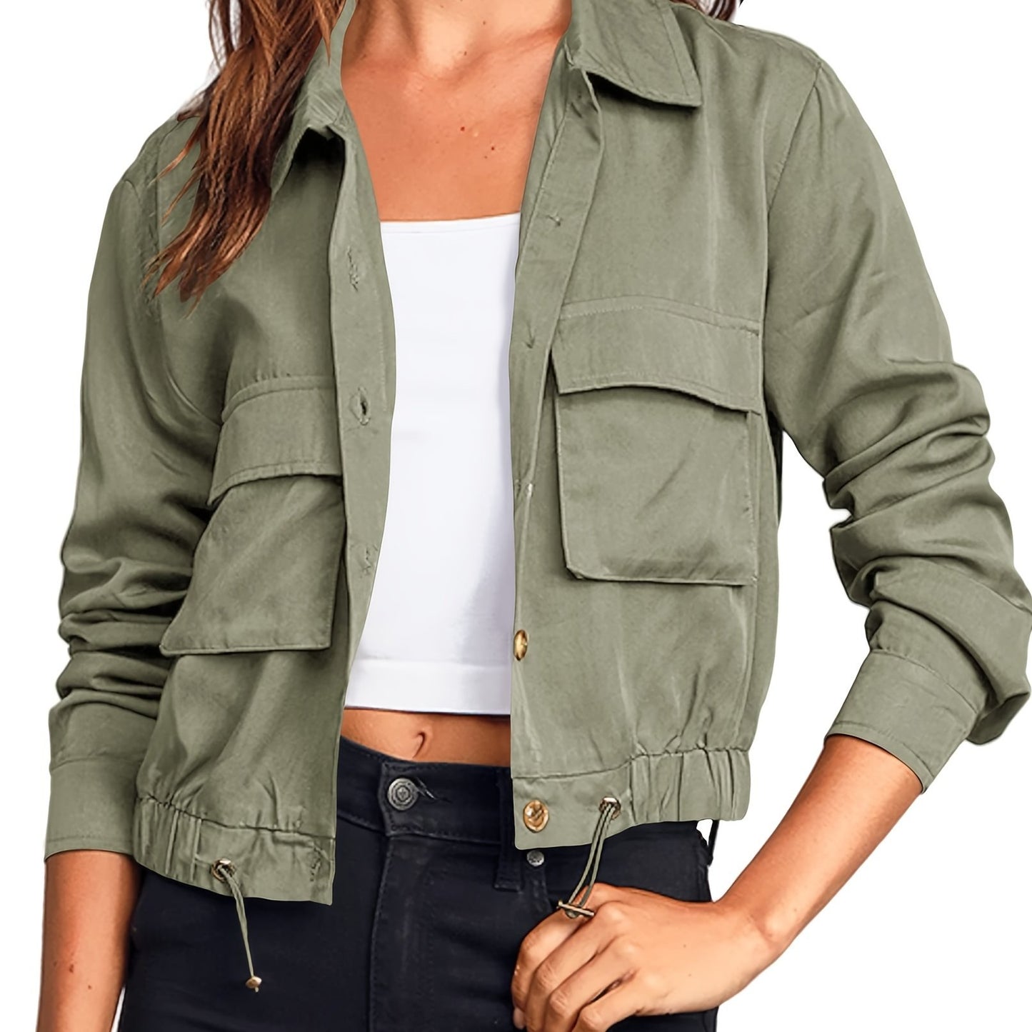 Women's Lightweight Military Safari Cropped Jacket - Button Oversized Utility Anorak with Pockets, Long Sleeve, Rayon Blend, Beige, Casual Outdoor Style, Casual Outdoor Jacket | Button Coat | Lightweight Coat
