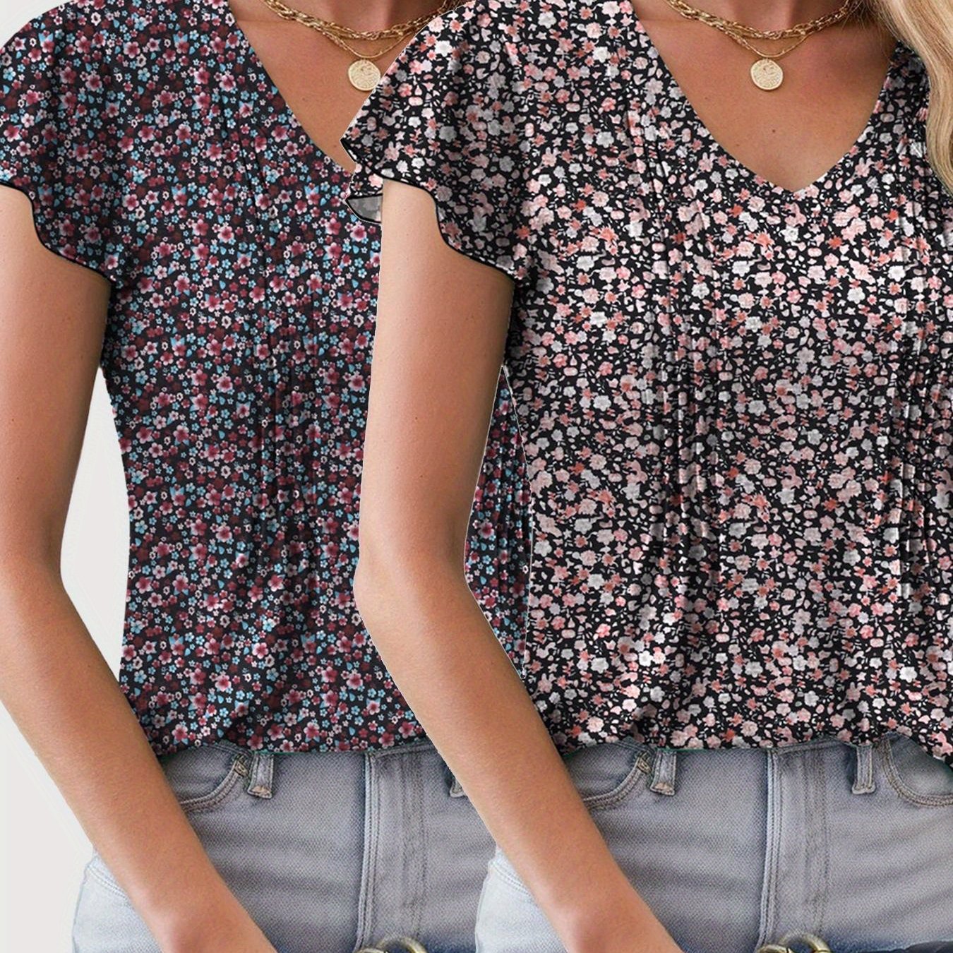 Ladies 2pcs Elegant Tops - Ladies Casual European and American Printed Vacation Ladies Two-piece Set, Elegant V-neck T-shirt with Small Floral Print